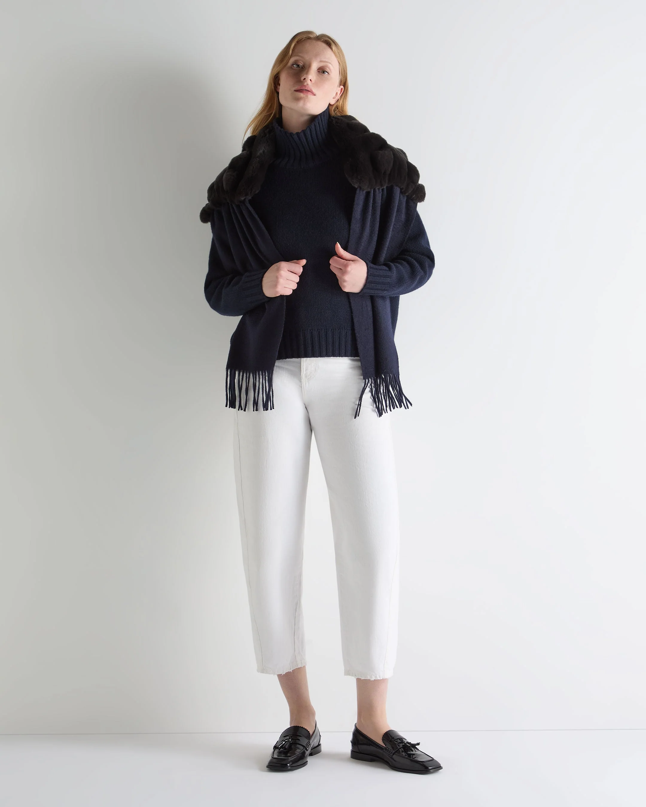 Women's Chunky Funnel Neck Cashmere Sweater Navy Blue