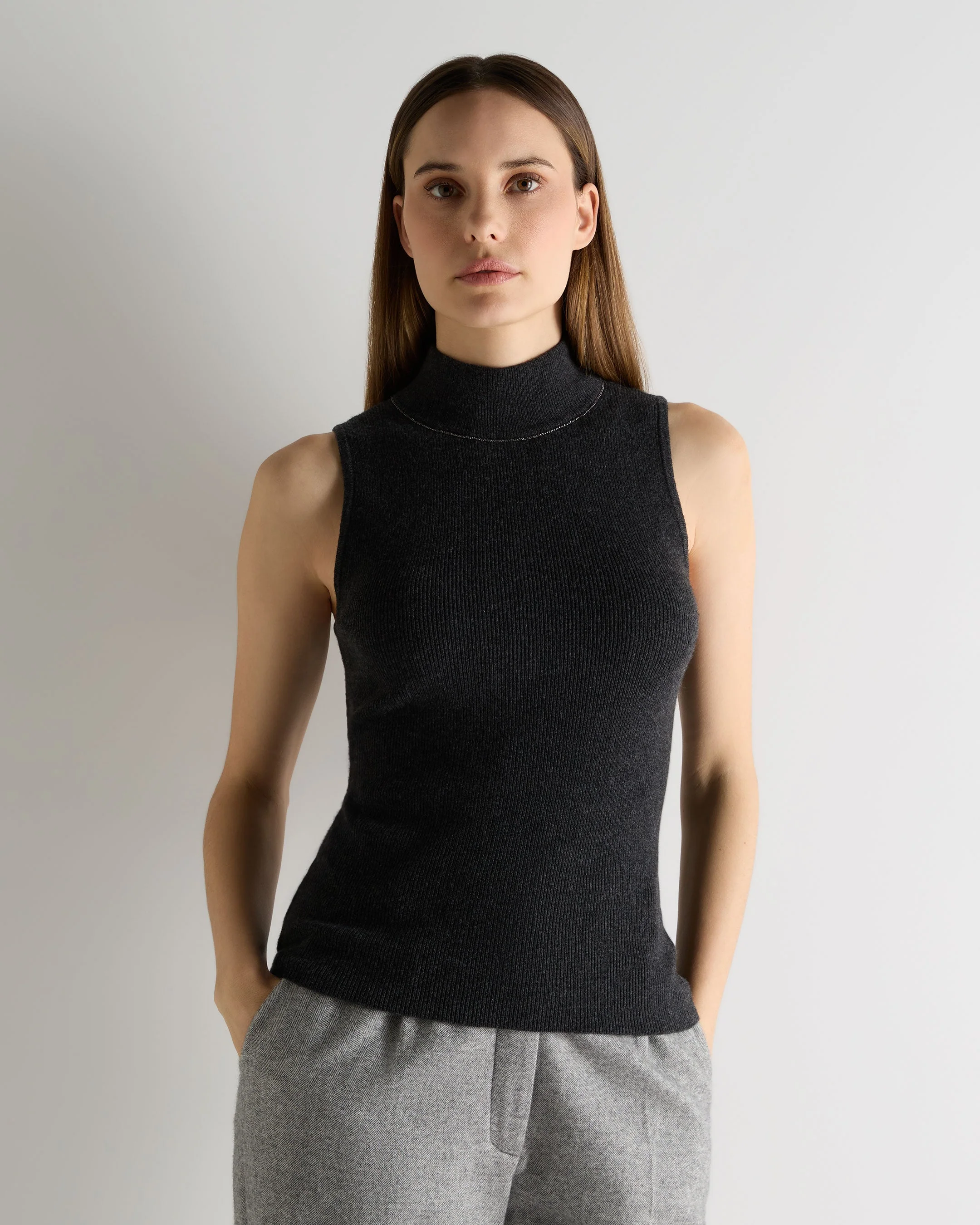 Women's Turtle Neck Cashmere Tank Top With Metal Trim Deep Charcoal Grey