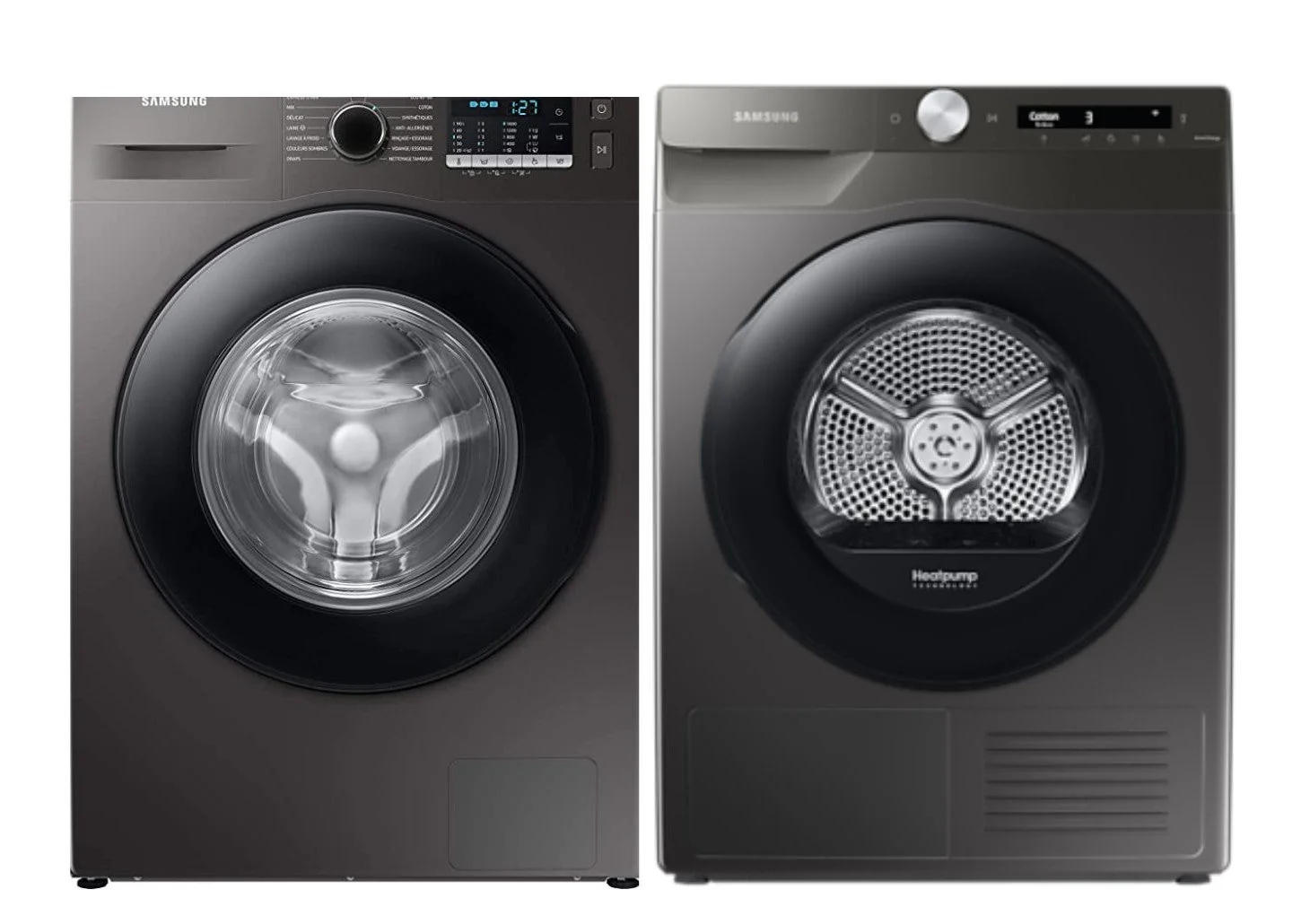 Samsung 220 volt washer front load silver 8 KG WW80TA046 and Samsung 220 volt 8KG Dryer Silver Graphite Heat Pump Ventless Self Condensing DV80T5220A-220v-SGR