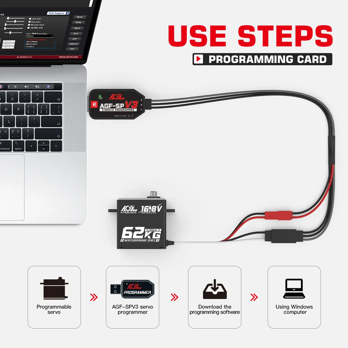 AGFRC A75BUMW -  4S 16.8V 62KG Super Torque HV Programmable Waterproof Brushless RC Servo For 1/8 1/10 RC Car Crawler Buggy Truck