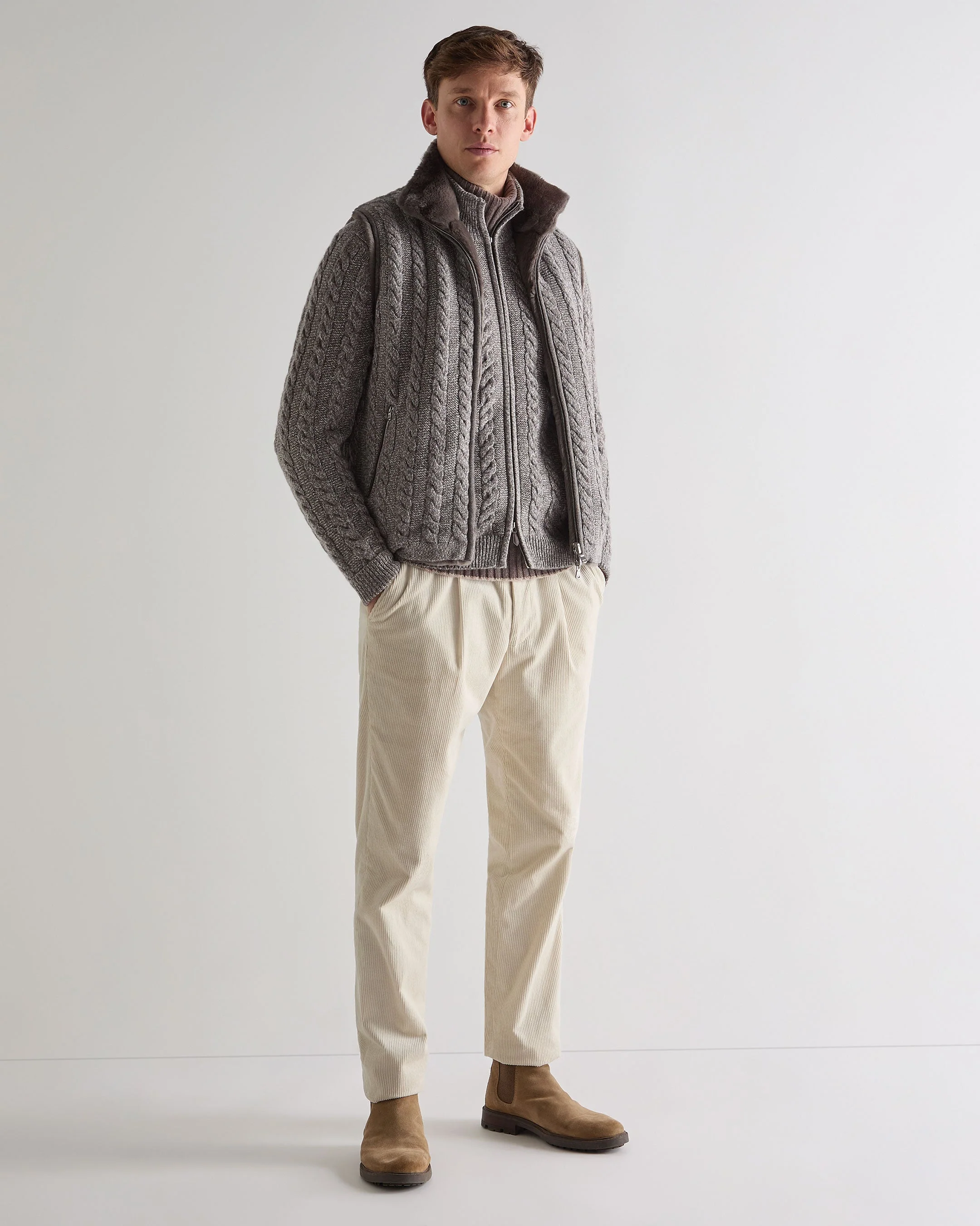 Men's Richmond Cable Cashmere Cardigan Soft Truffle Brown Marl