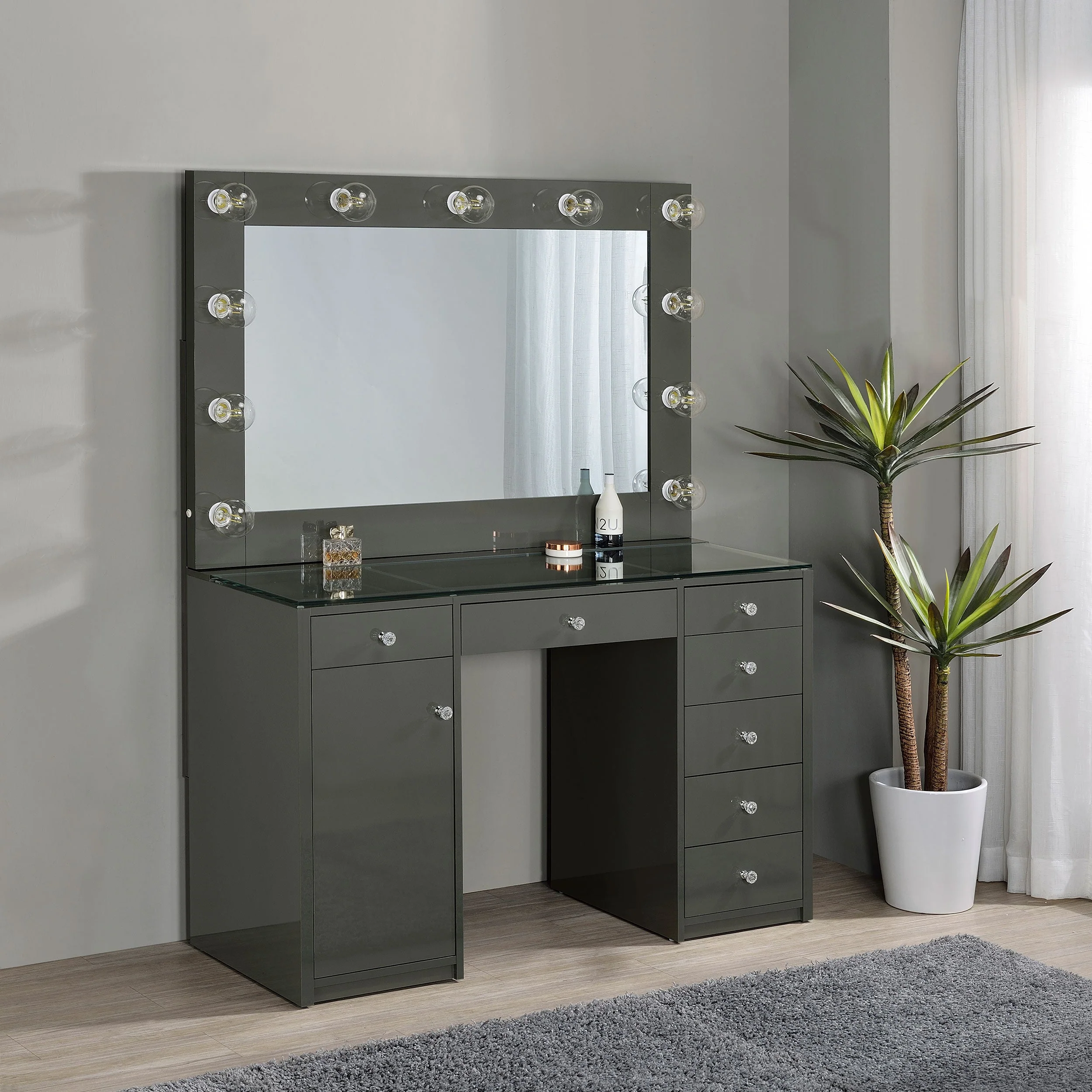 Acena 7-drawer Vanity Set with Lighting Black High Gloss