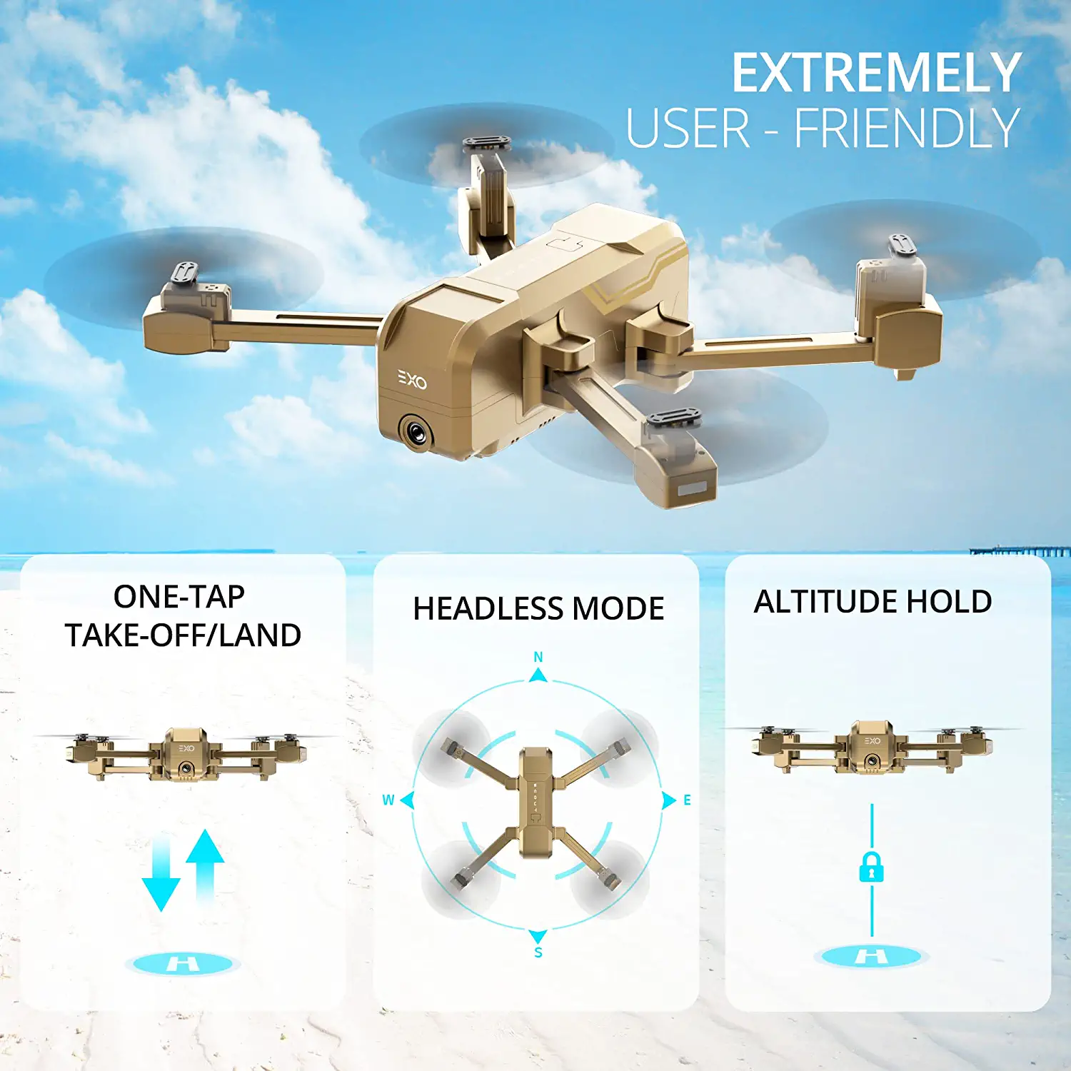 EXO Scout Drone - with Camera for Adults or Kids. Drone Kit with 2 Batteries, Free Carry Case. HD 1080p Video, 3 Speeds, Auto Take-Off/Land, Intelligent AI Modes Professional Camera Drone