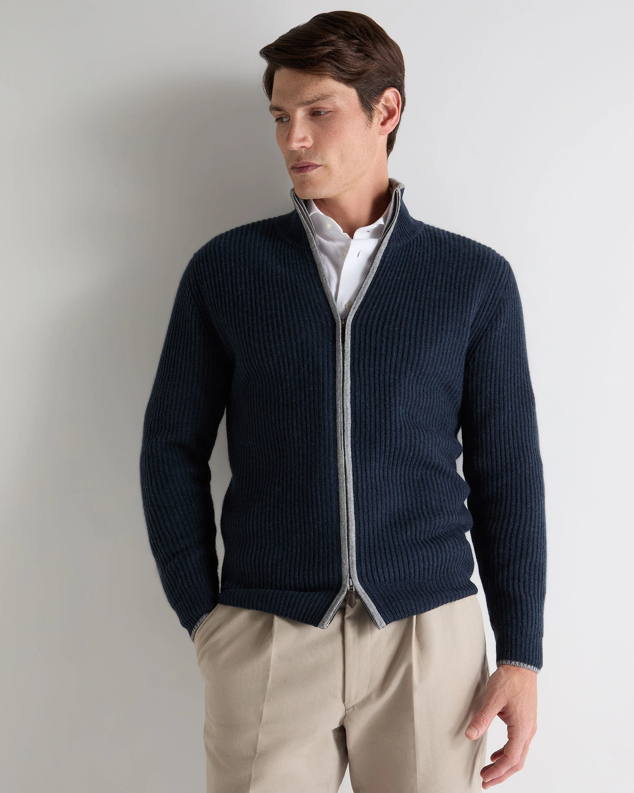 Men's Lambeth Rib Full Zip Cashmere Cardigan Indigo Blue