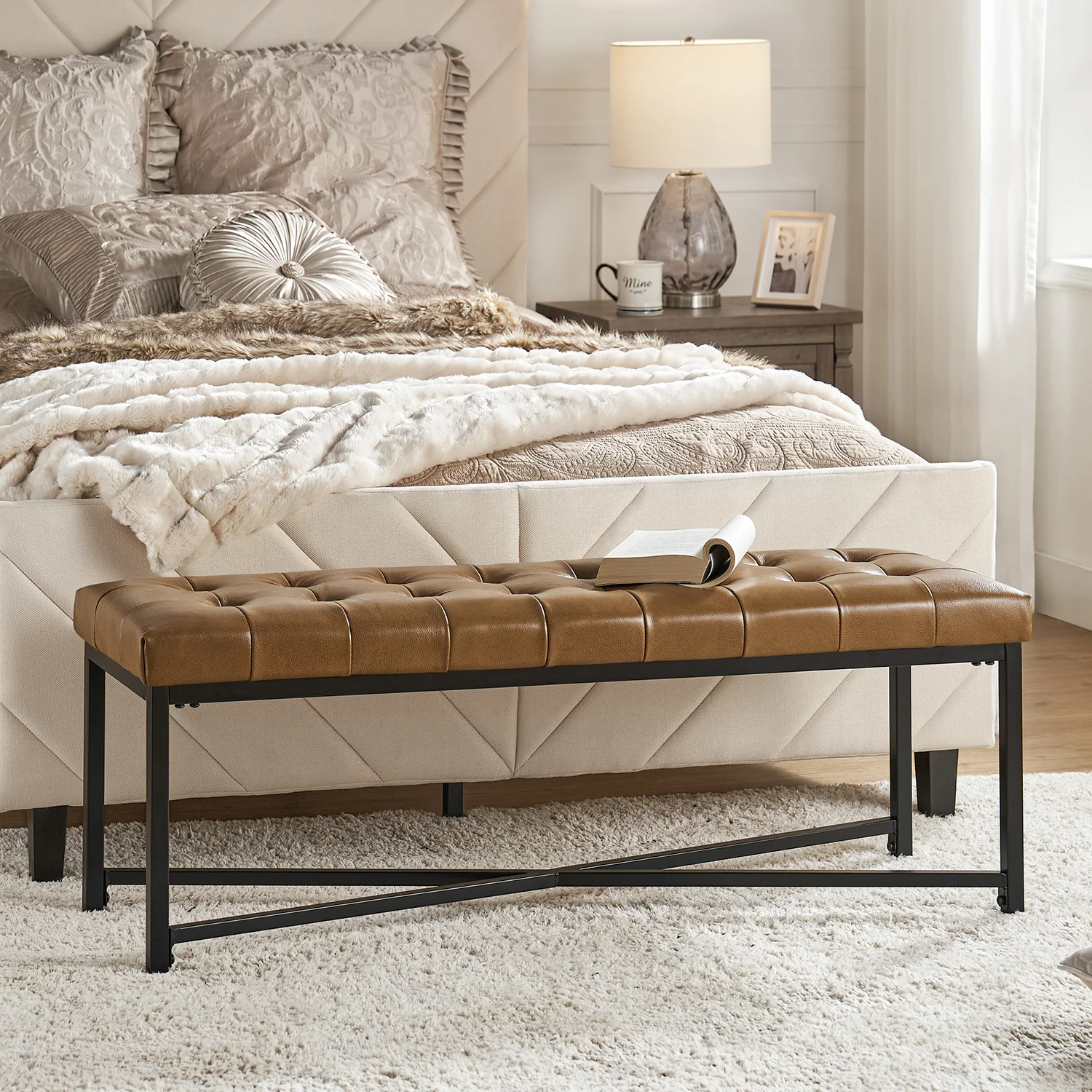 Arnold Upholstered Flip Top Storage Bench in Camel