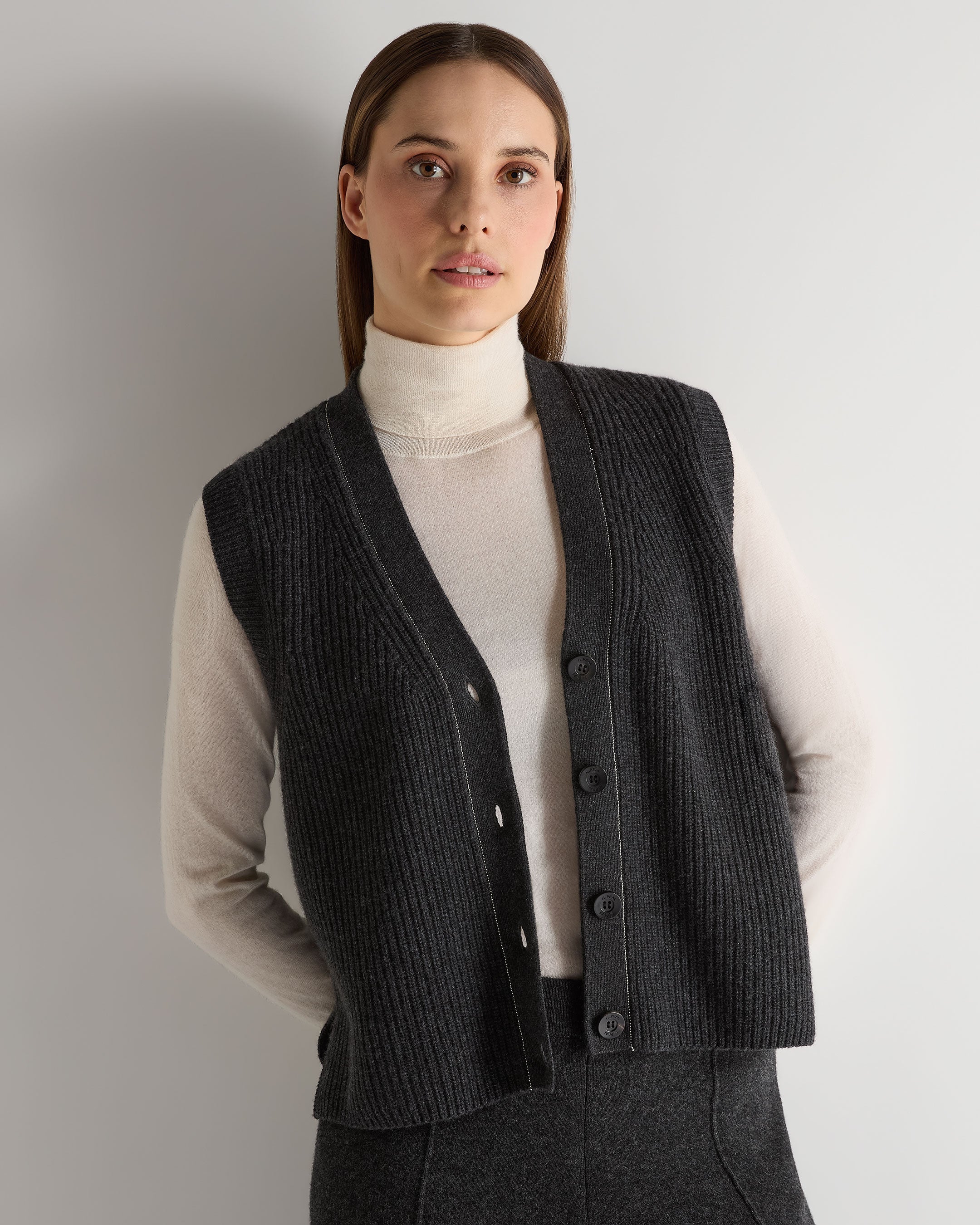 Women's V Neck Cashmere Tank Top Deep Charcoal Grey