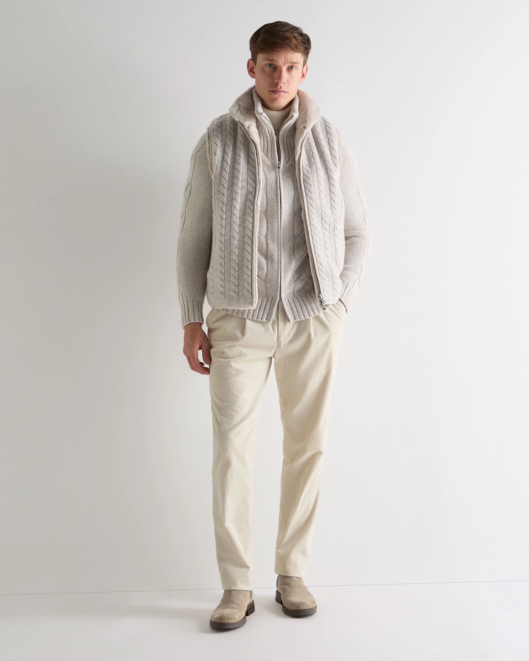 Men's Chunky Cable Full Zip Cashmere Jumper Ash Grey Marl