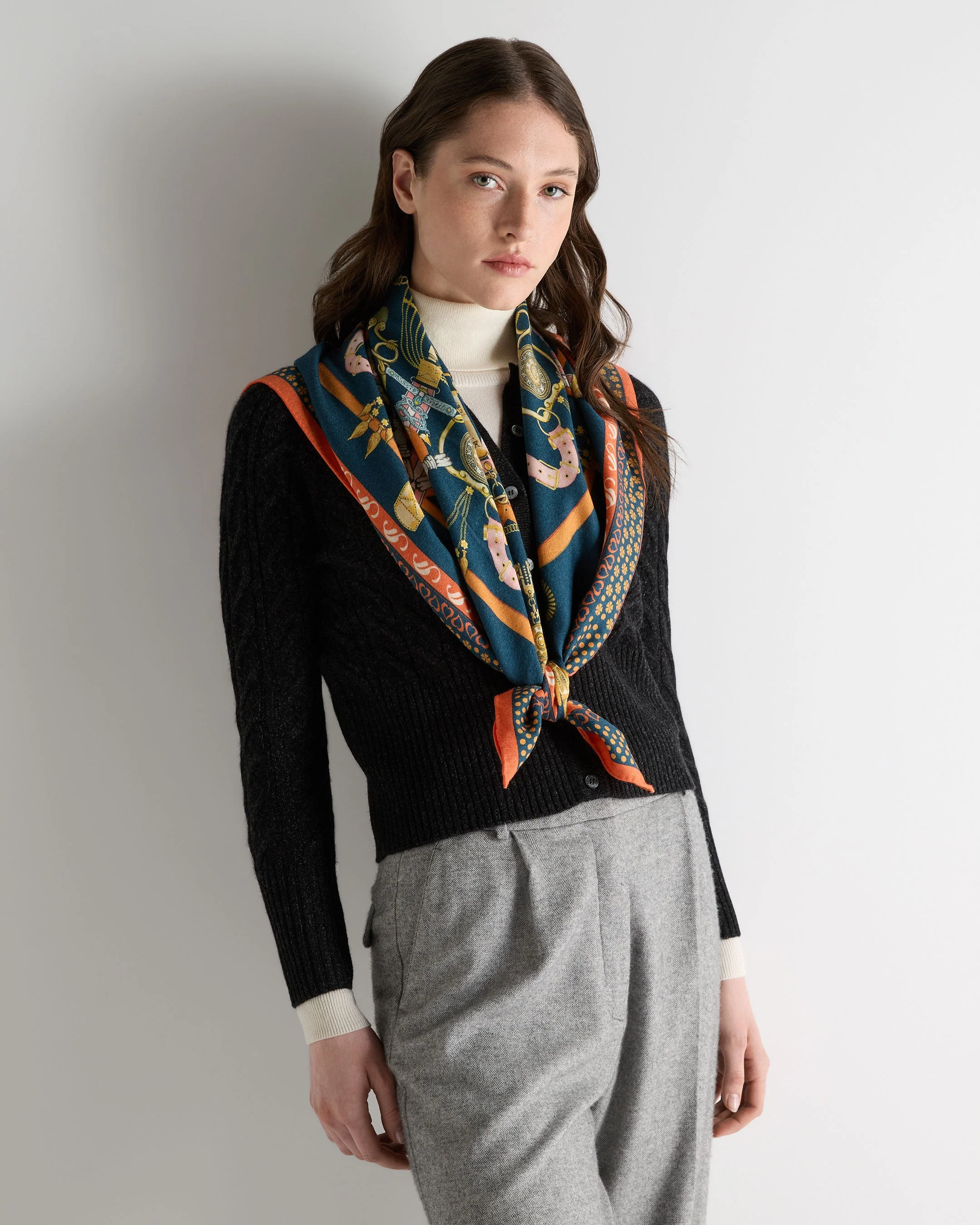 Women's Cashmere Silk Printed Foulard Navy Blue