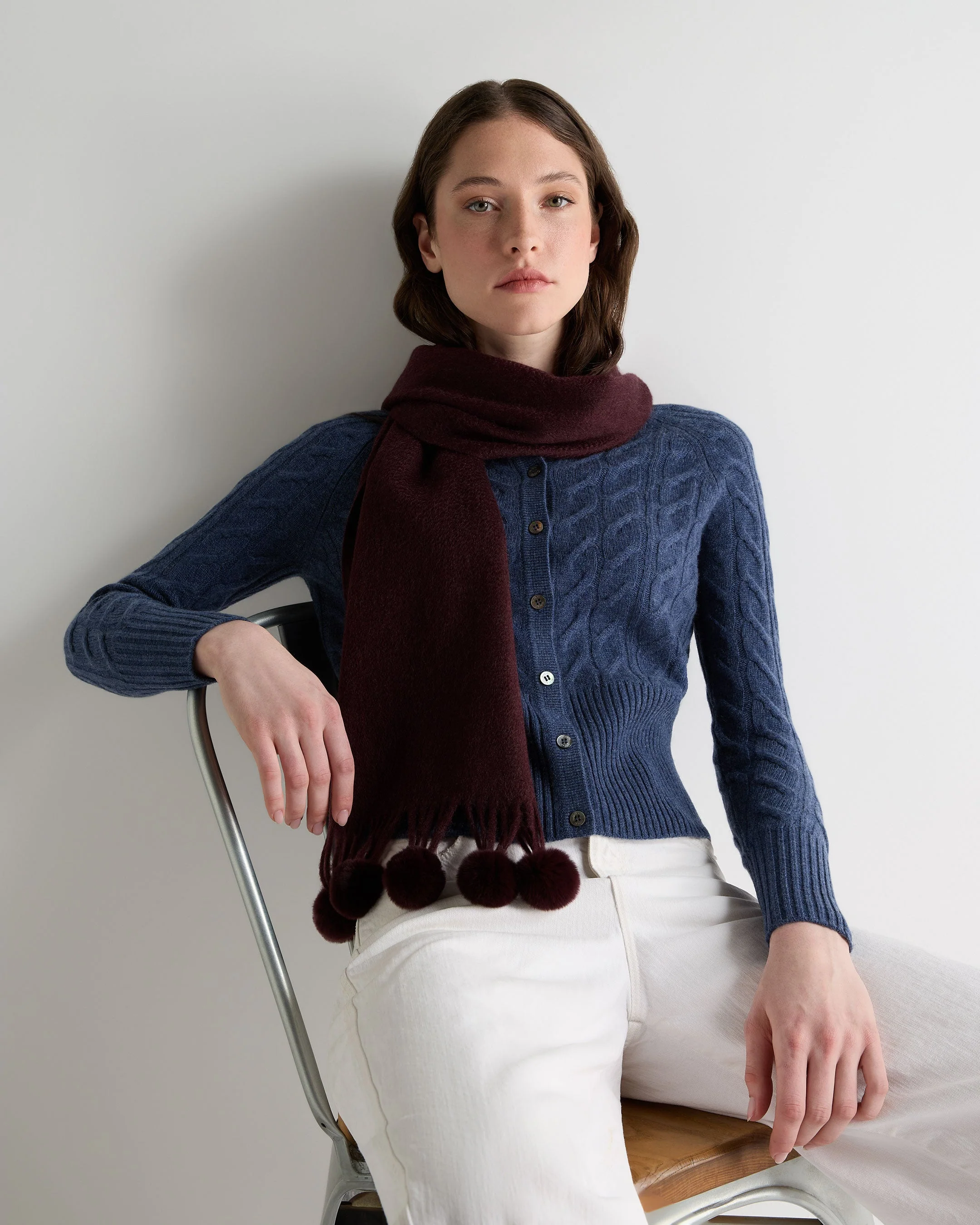 Women's Davos Fur Bobble Cashmere Scarf Claret Red