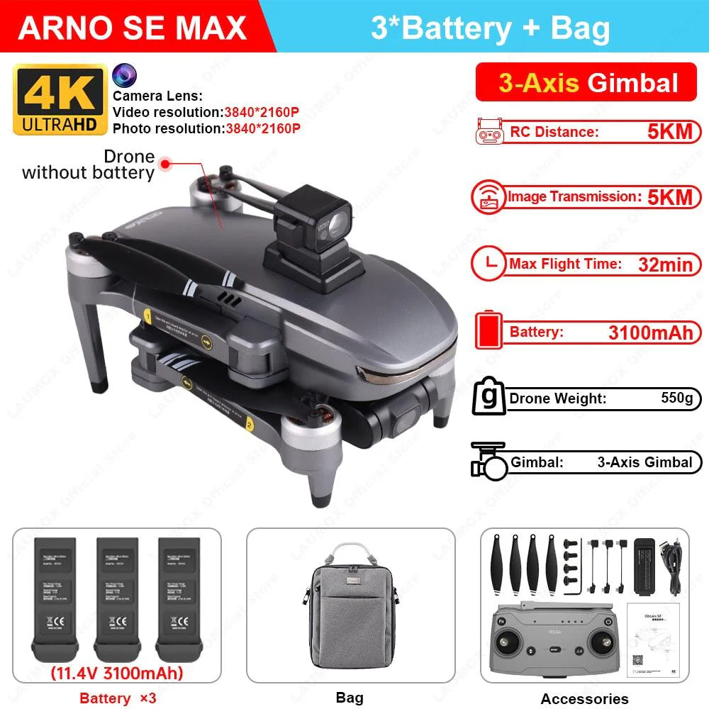 C-FLY Arno SE MAX Drone -  Profesional 4K HD Camera 3-Axis Micro Gimbal 5G Wifi GPS Drone With HD Camera FPV Brushless Foldable RC Quadcopter Professional Camera Drone