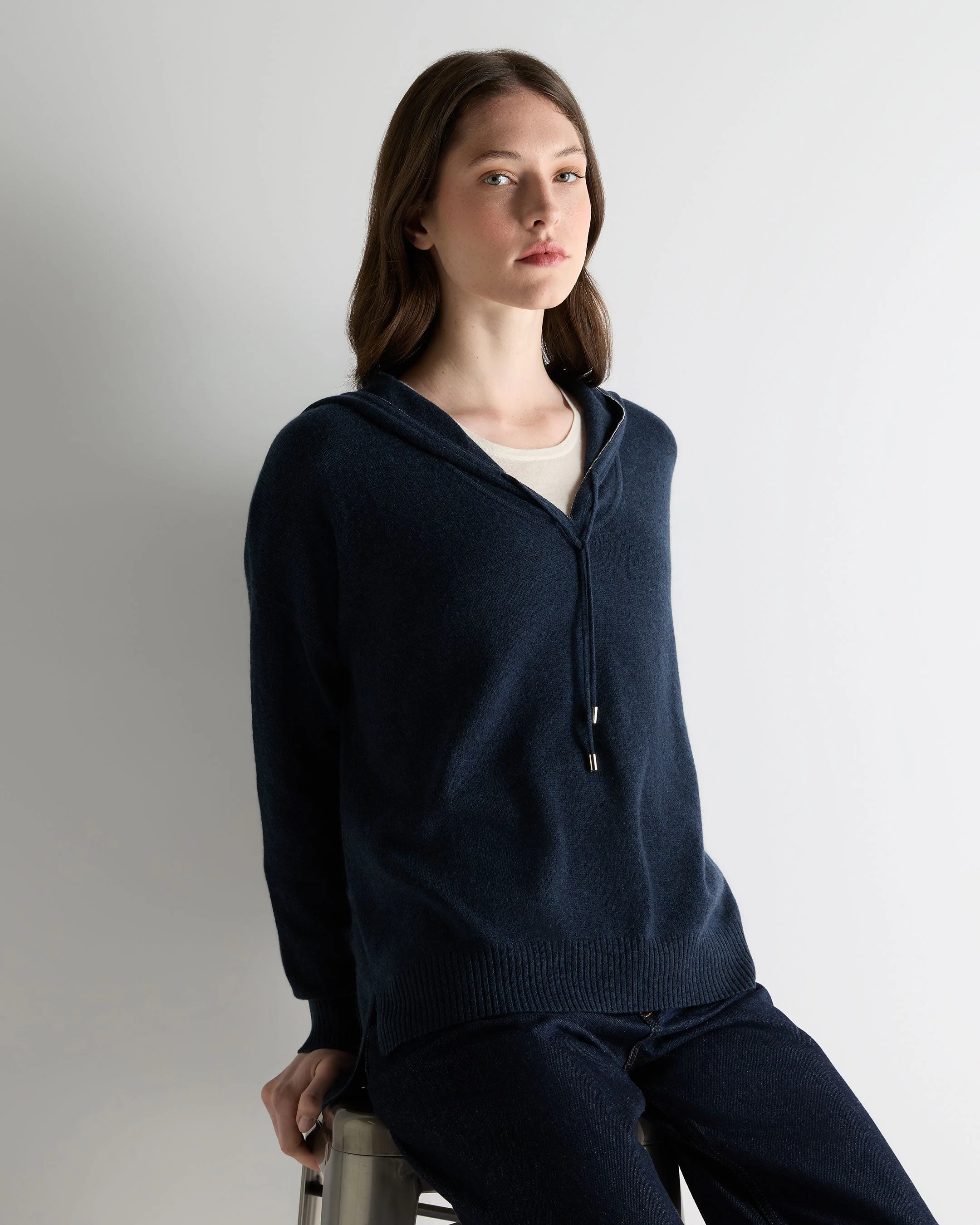 Women's Maya Metal Trim Cashmere Hoodie Indigo Blue