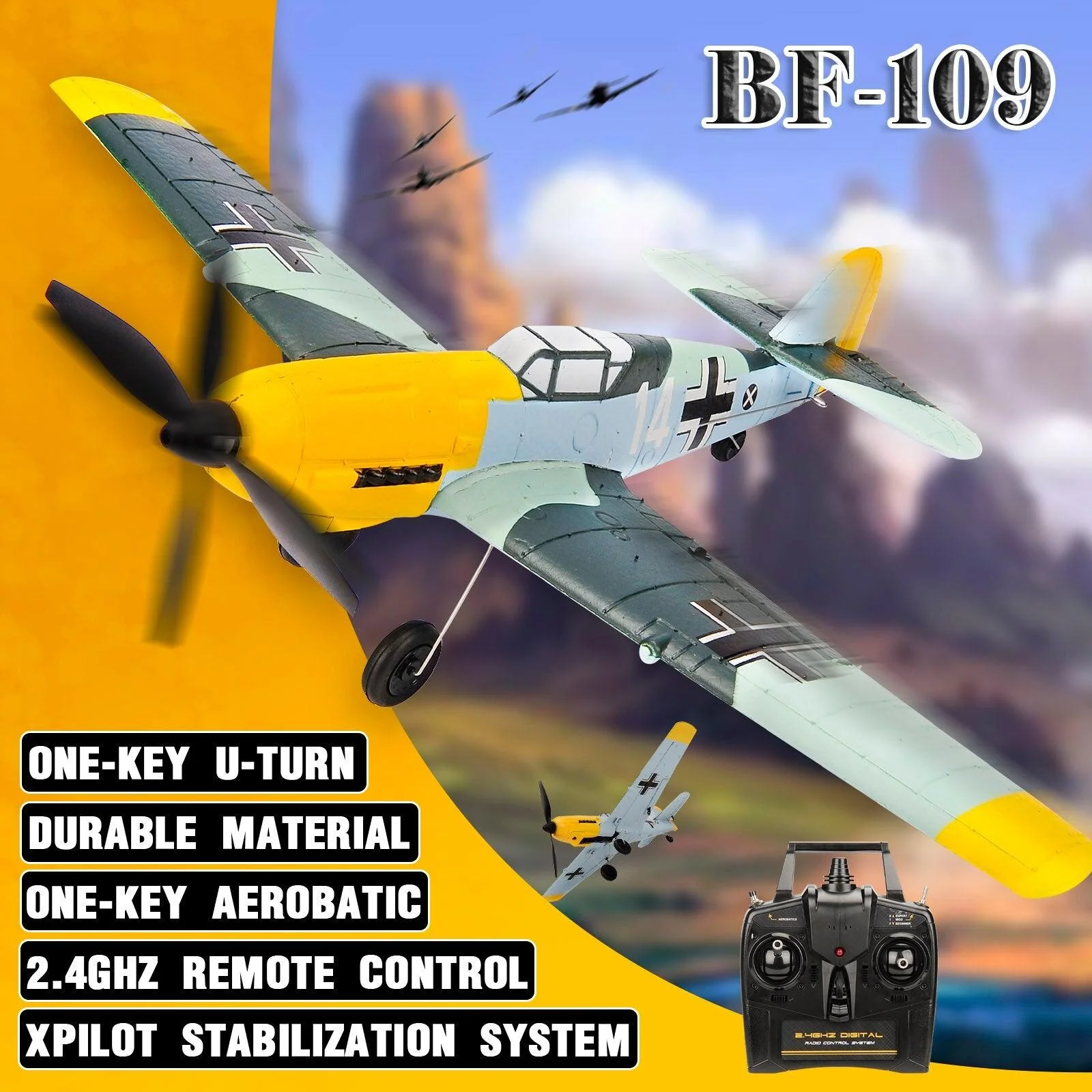 BF109 Remote Control Airplane - 2.4GHz 4CH 400mm Wingspan One Key U-Turn Aerobatic RC Plane RC Warbird Gift Toys 761-11