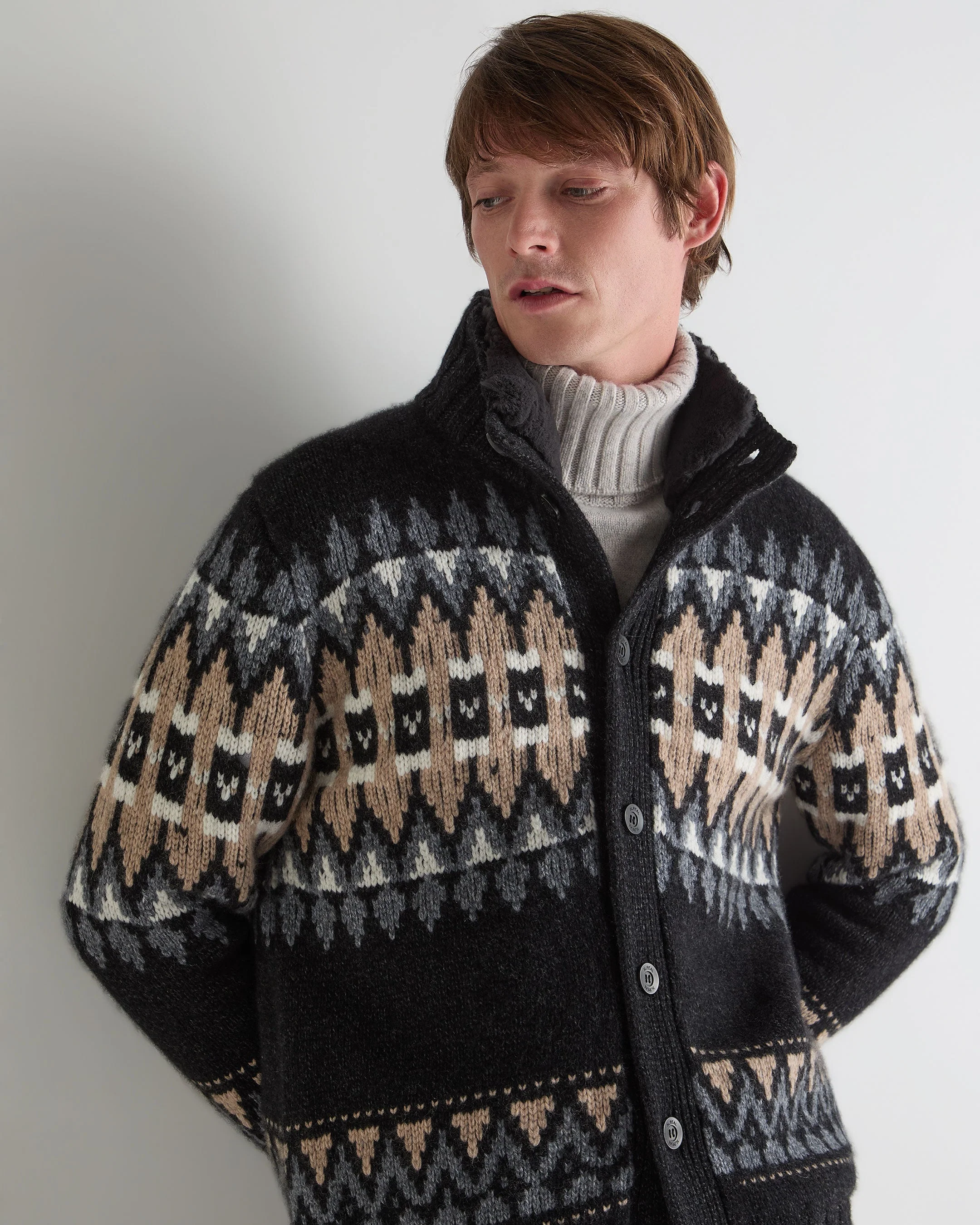 Men's Jacquard Button Through Cashmere Cardigan Charcoal Grey