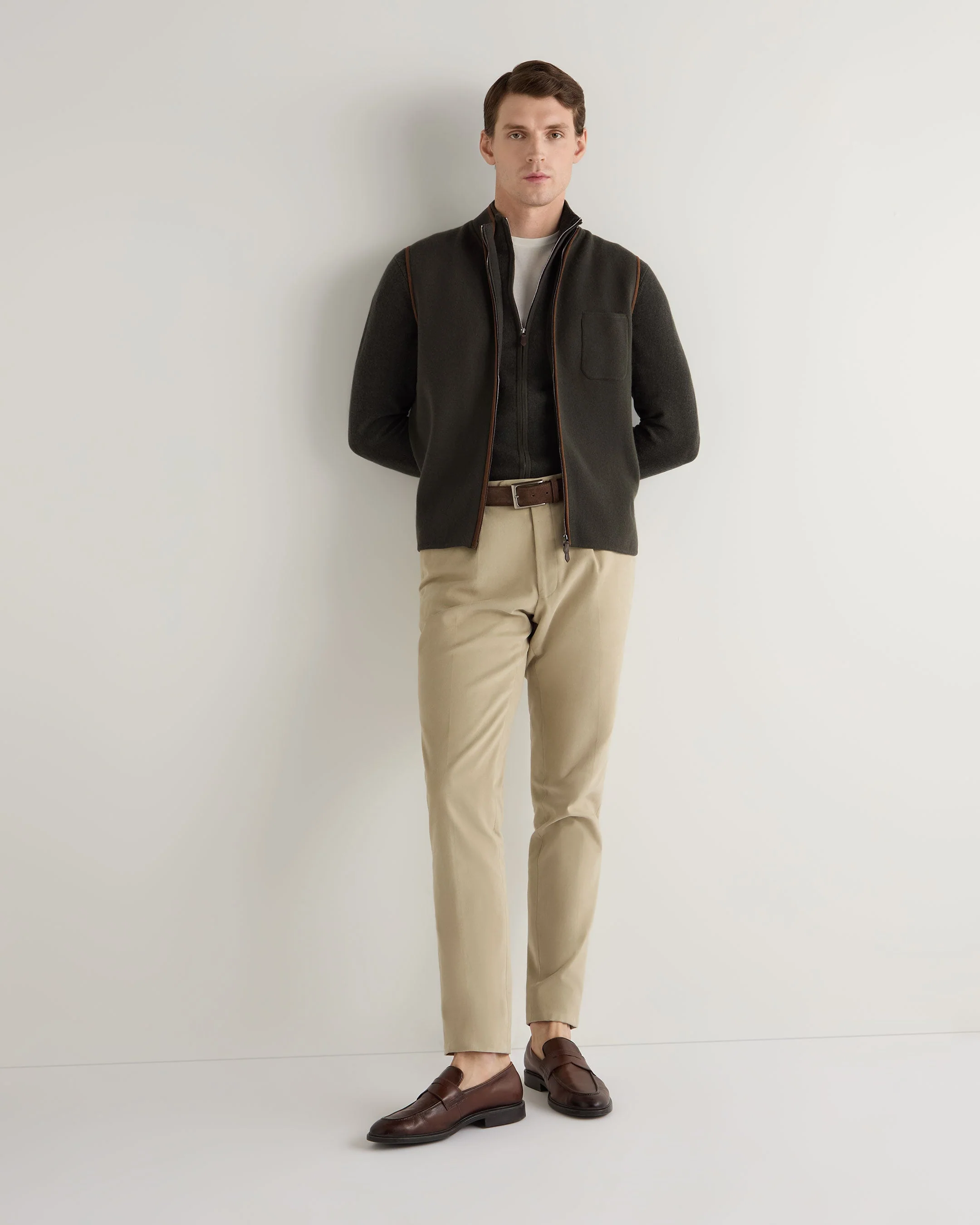 Men's Knightsbridge Full Zip Cashmere Jumper Arabica Khaki Green