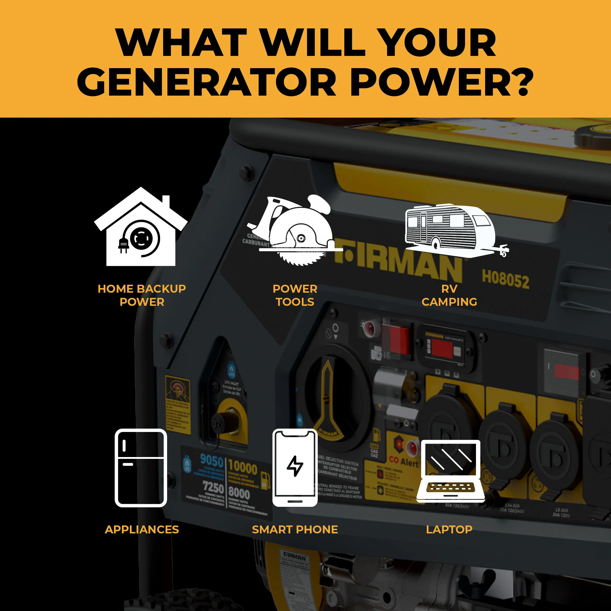 Dual Fuel Portable Generator 10000W Electric Start 120/240V with CO alert