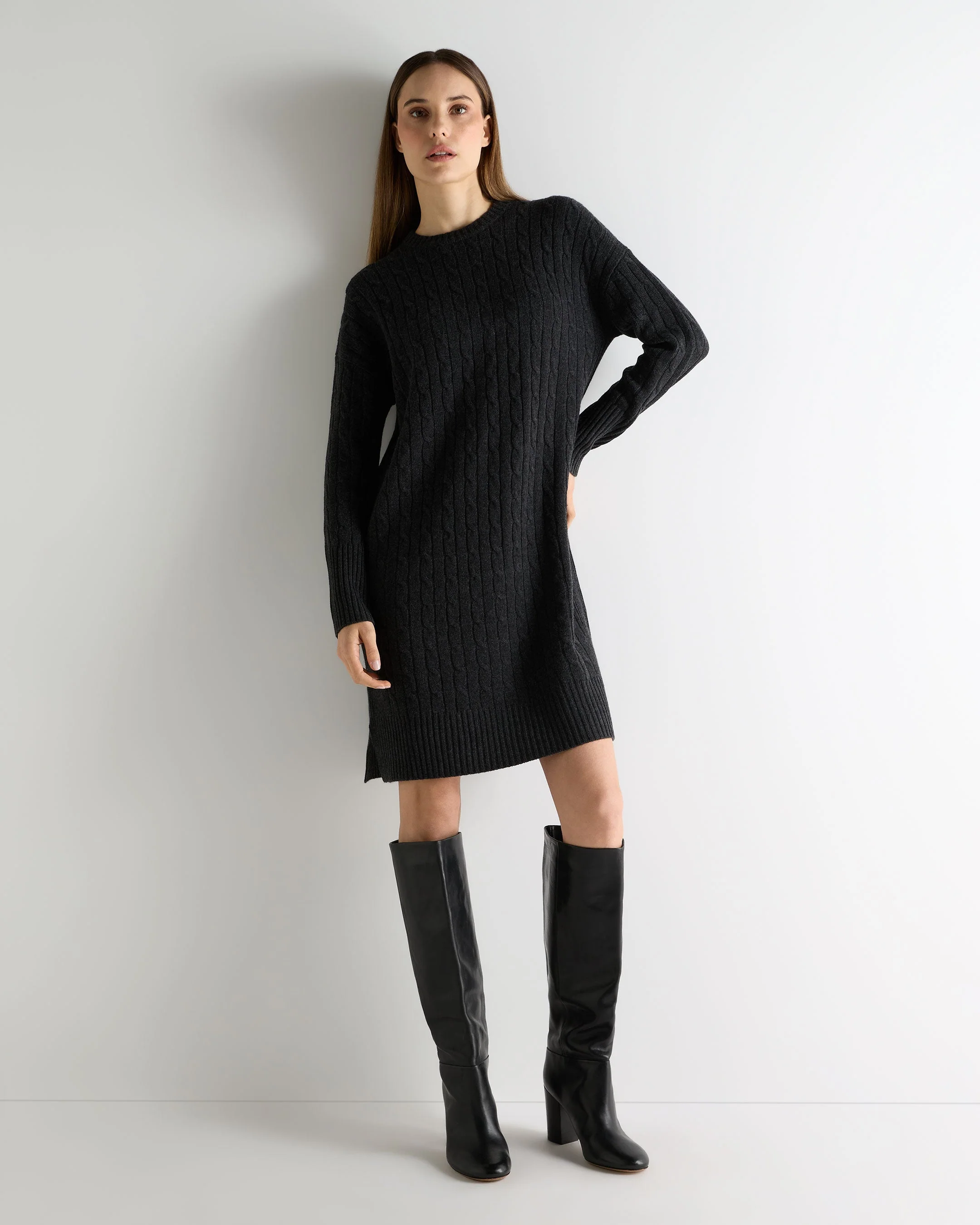 Women's Bella Round Neck Cable Cashmere Dress Deep Charcoal Grey