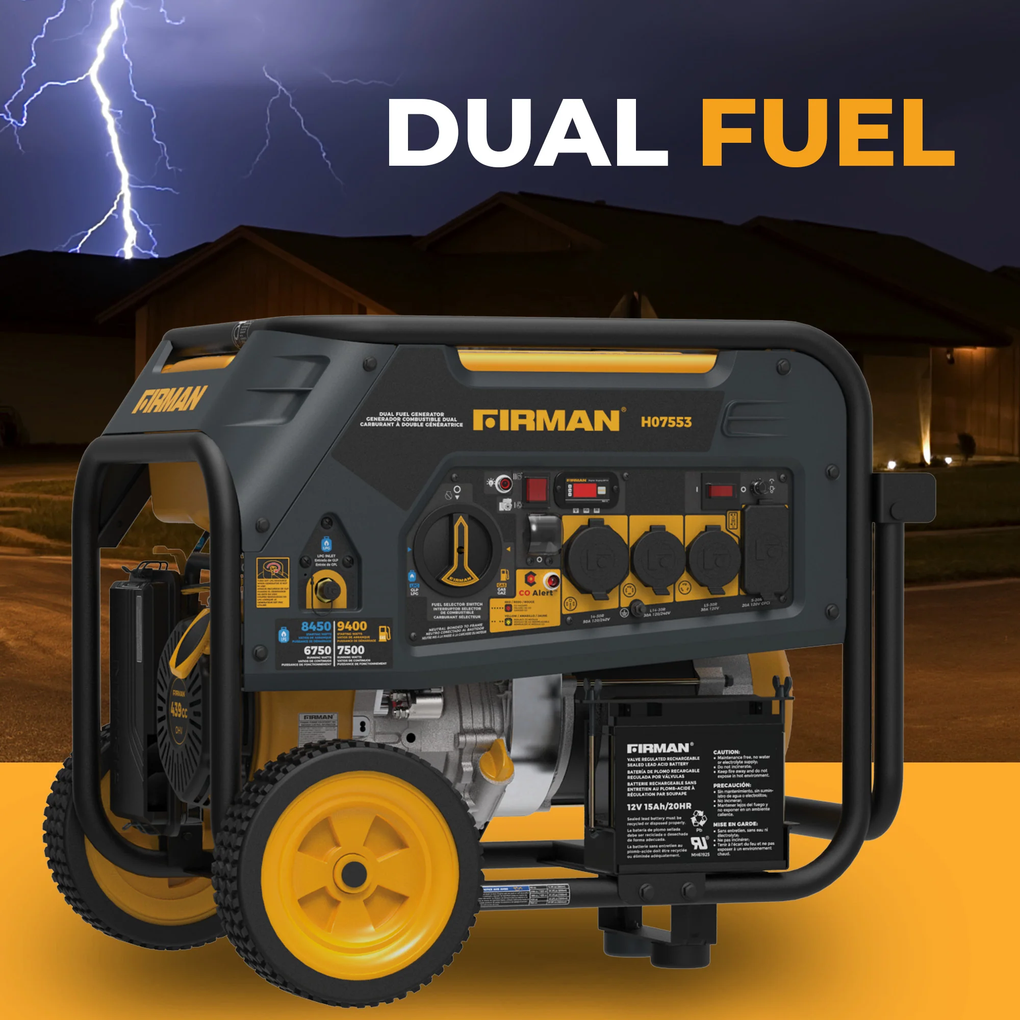 Dual Fuel Portable Generator 9400W Electric Start 120/240V with CO Alert