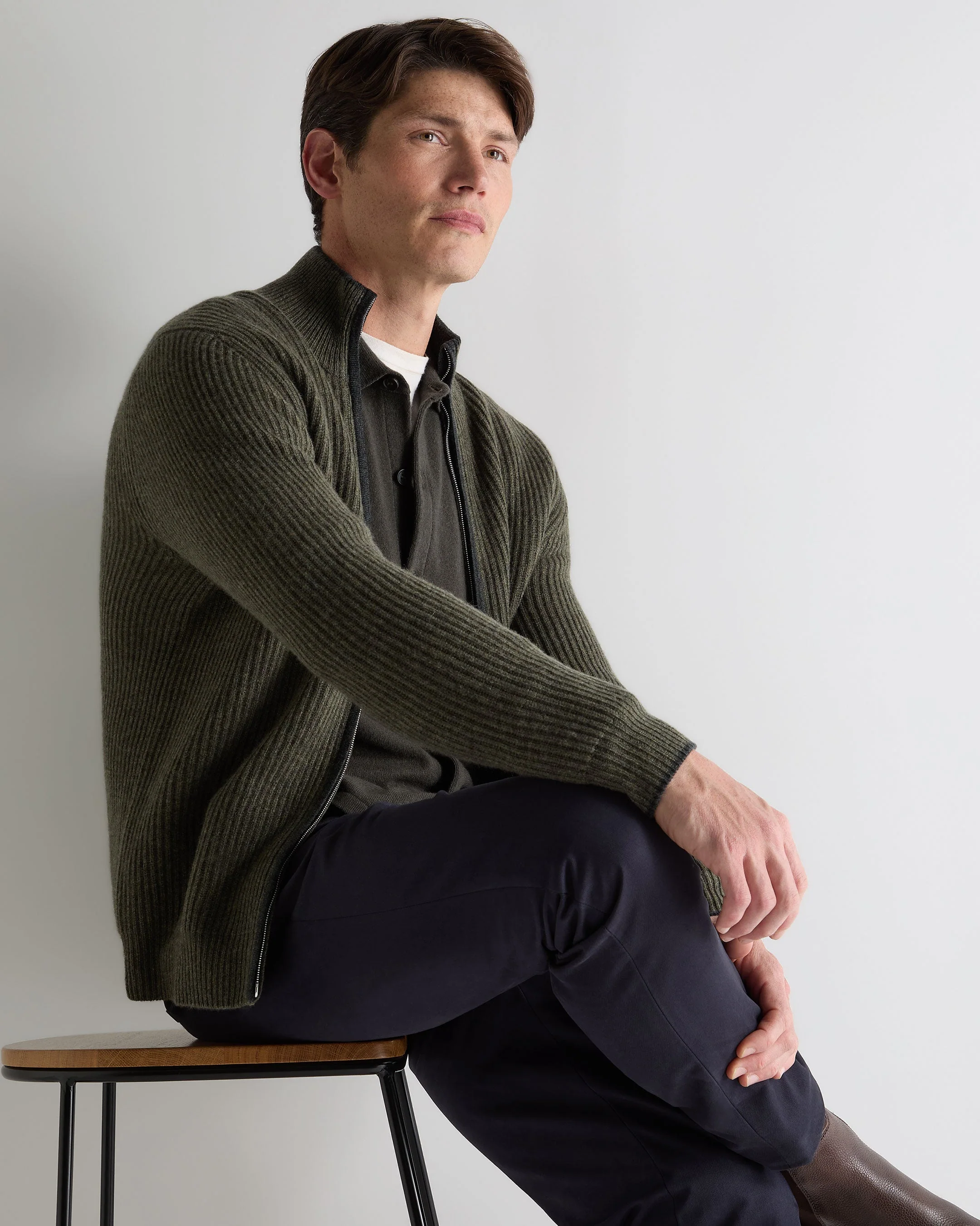 Men's Lambeth Rib Full Zip Cashmere Cardigan Moss Green