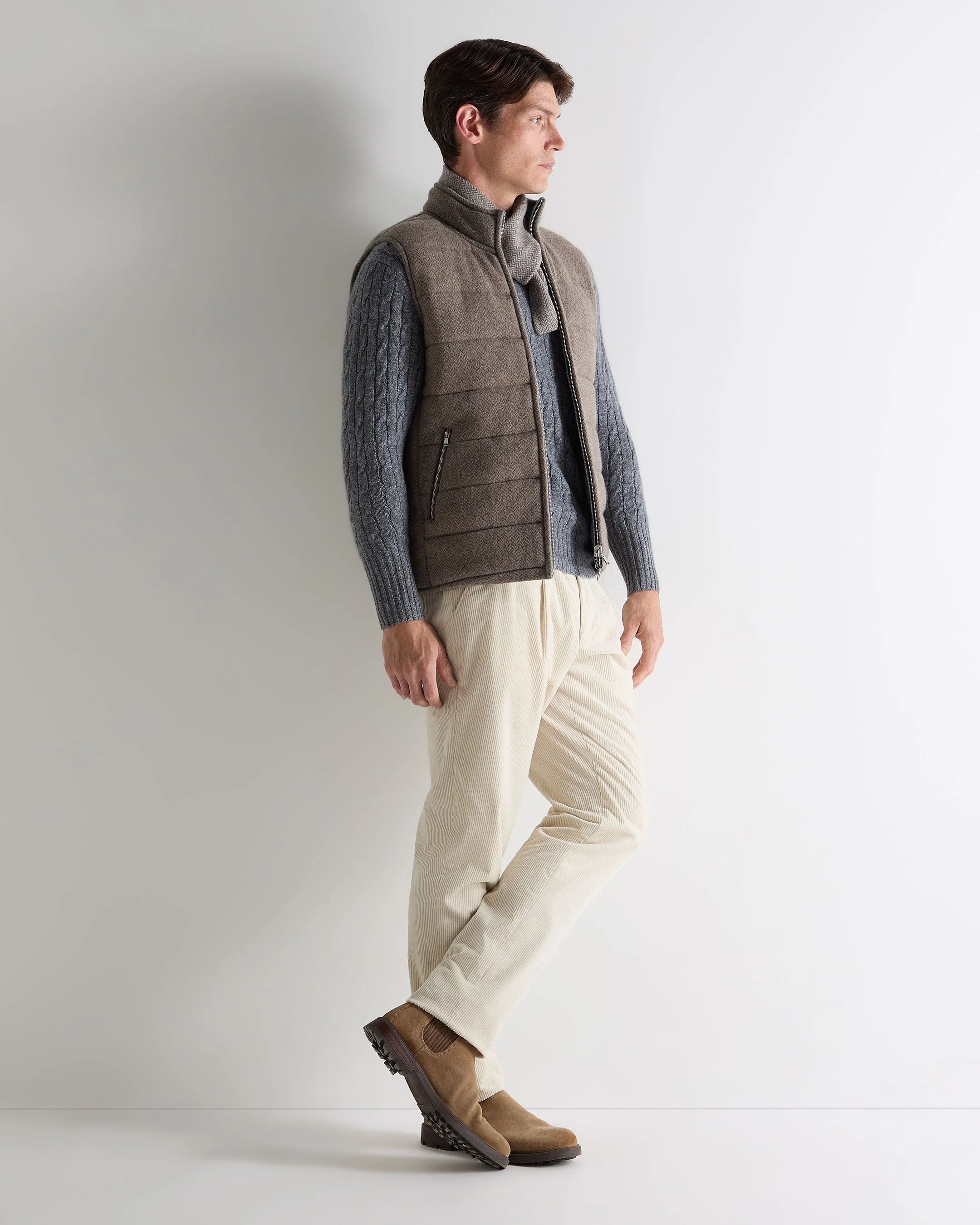 Men's Mall Herringbone Cashmere Gilet Smoky Herringbone Grey