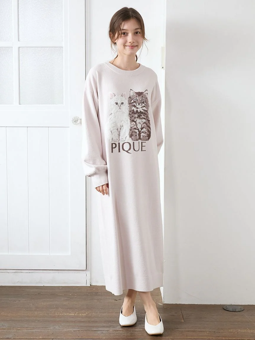 Airy Moco Twin Cats Jacquard Dress