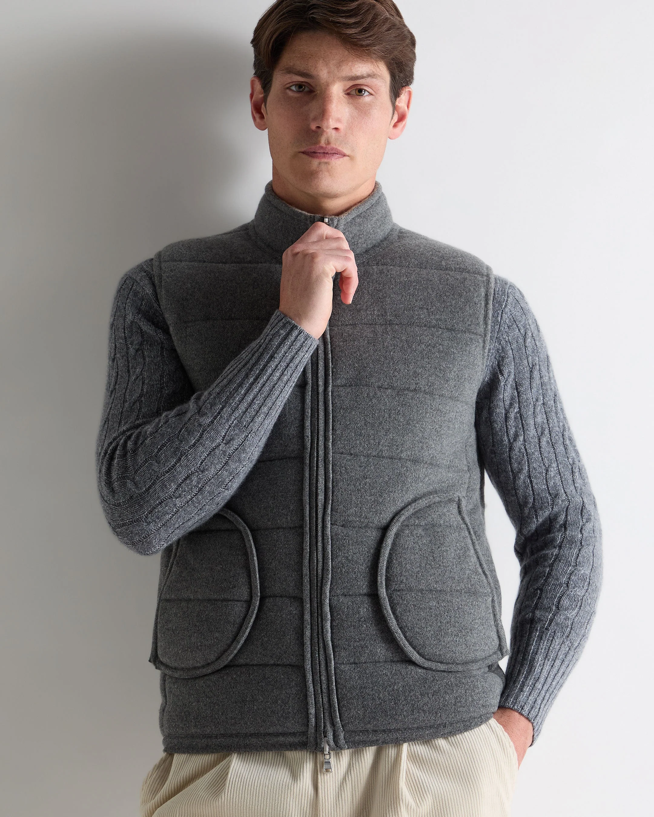 Men's Mall Herringbone Cashmere Gilet Smoky Herringbone Grey