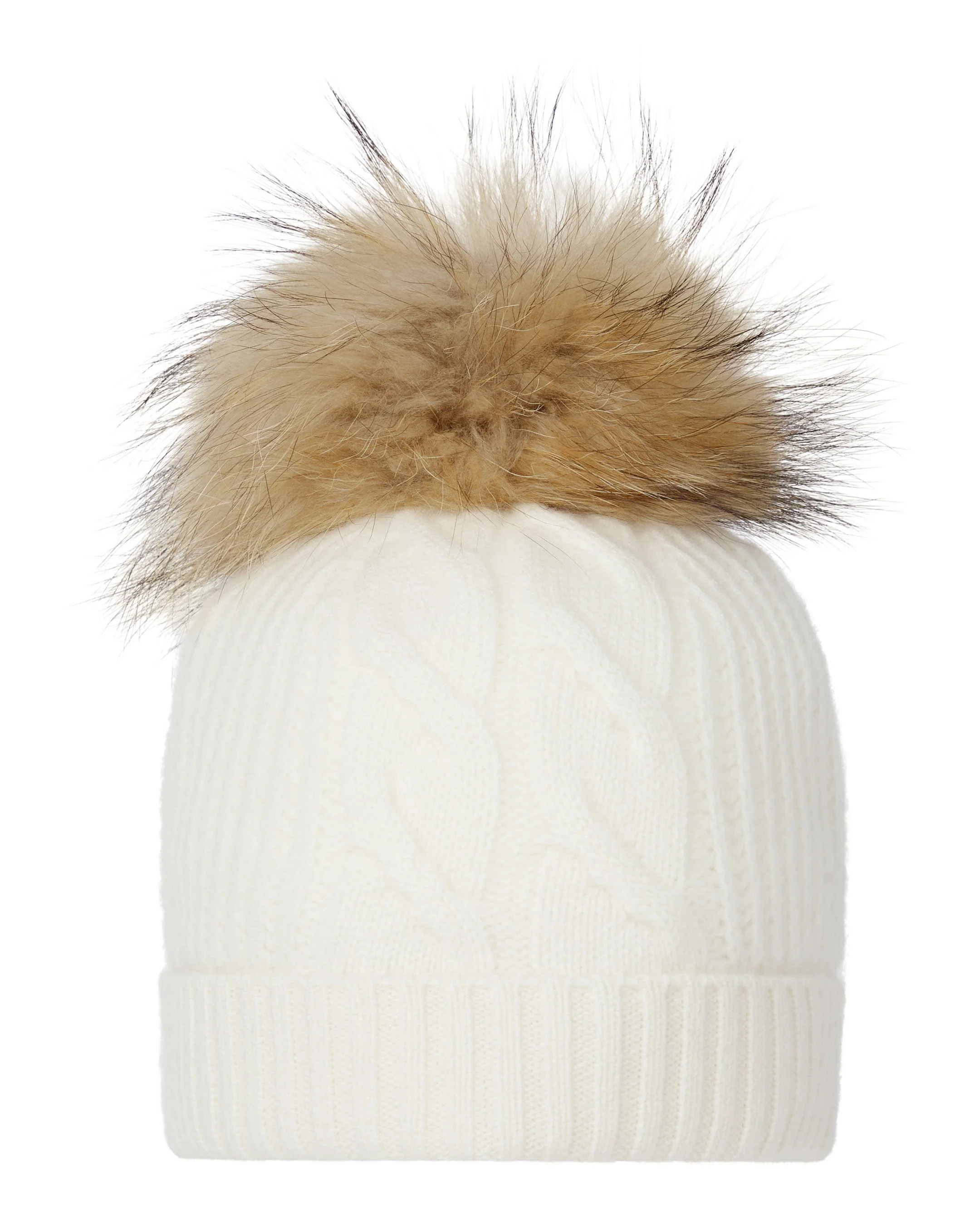 Women's Cable Cashmere Hat With Fur Pom New Ivory White