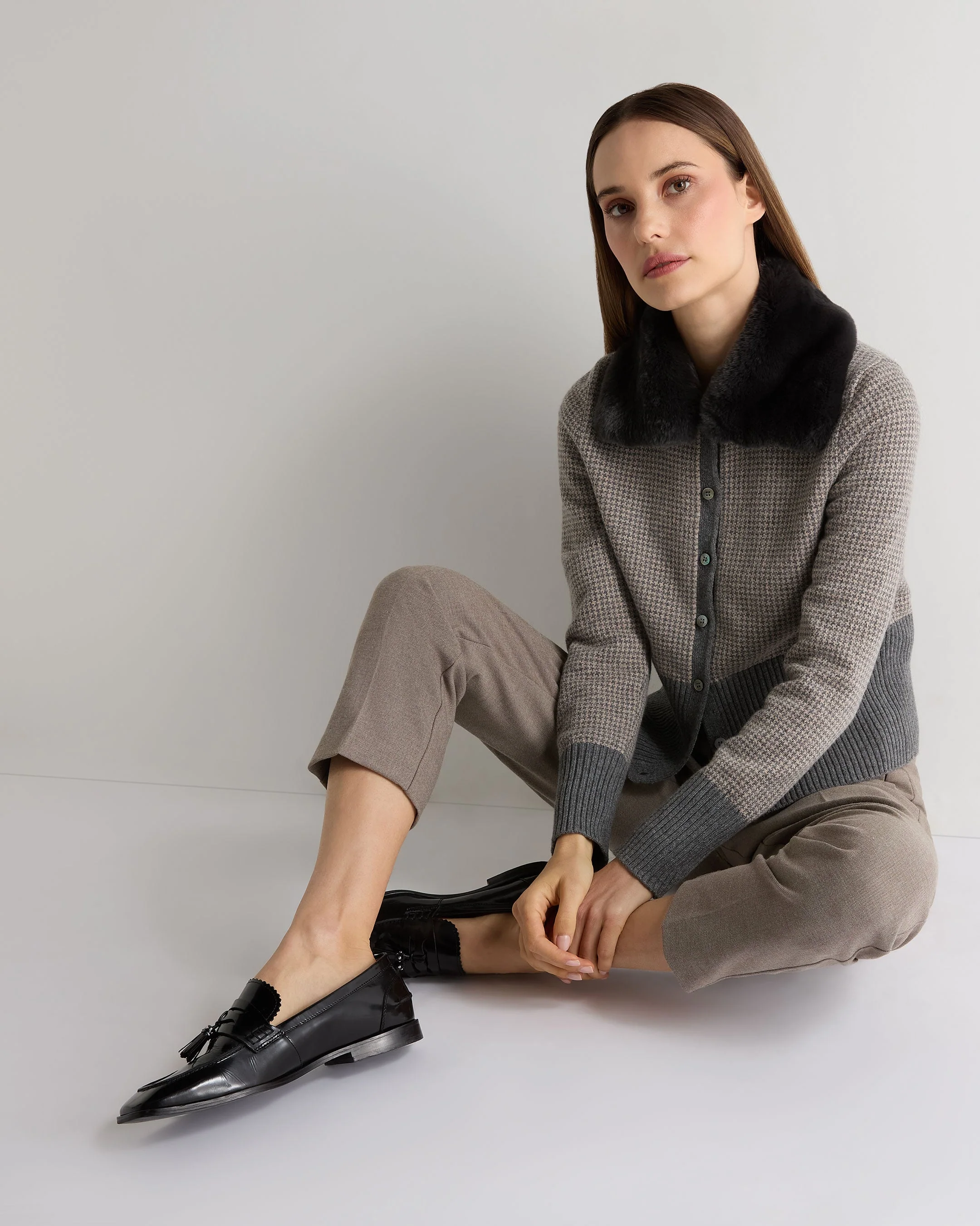 Women's Dogtooth Cashmere Cardigan With Fur Elephant Grey