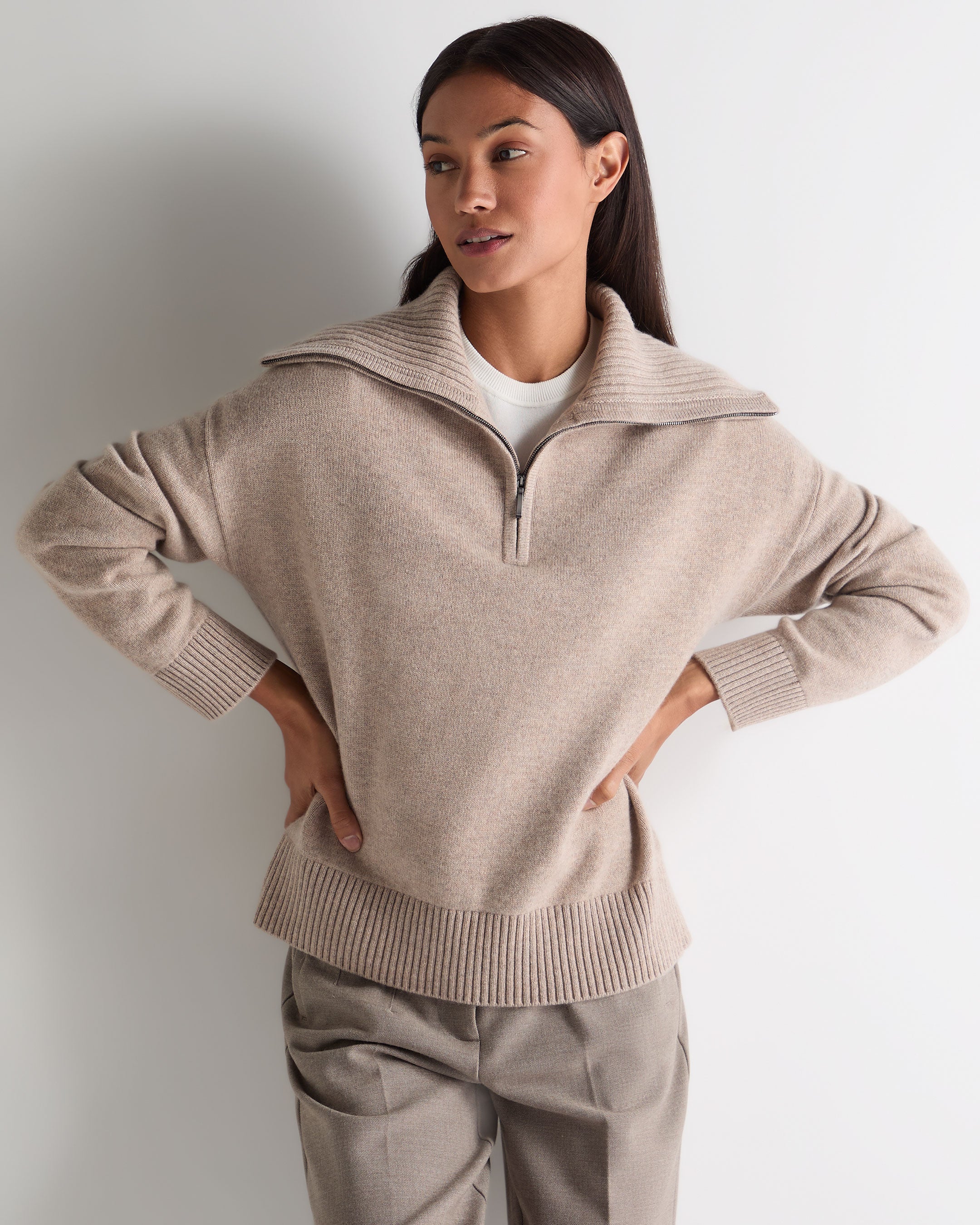 Women's Cashmere Half Zip Cashmere Jumper Oatmeal Brown