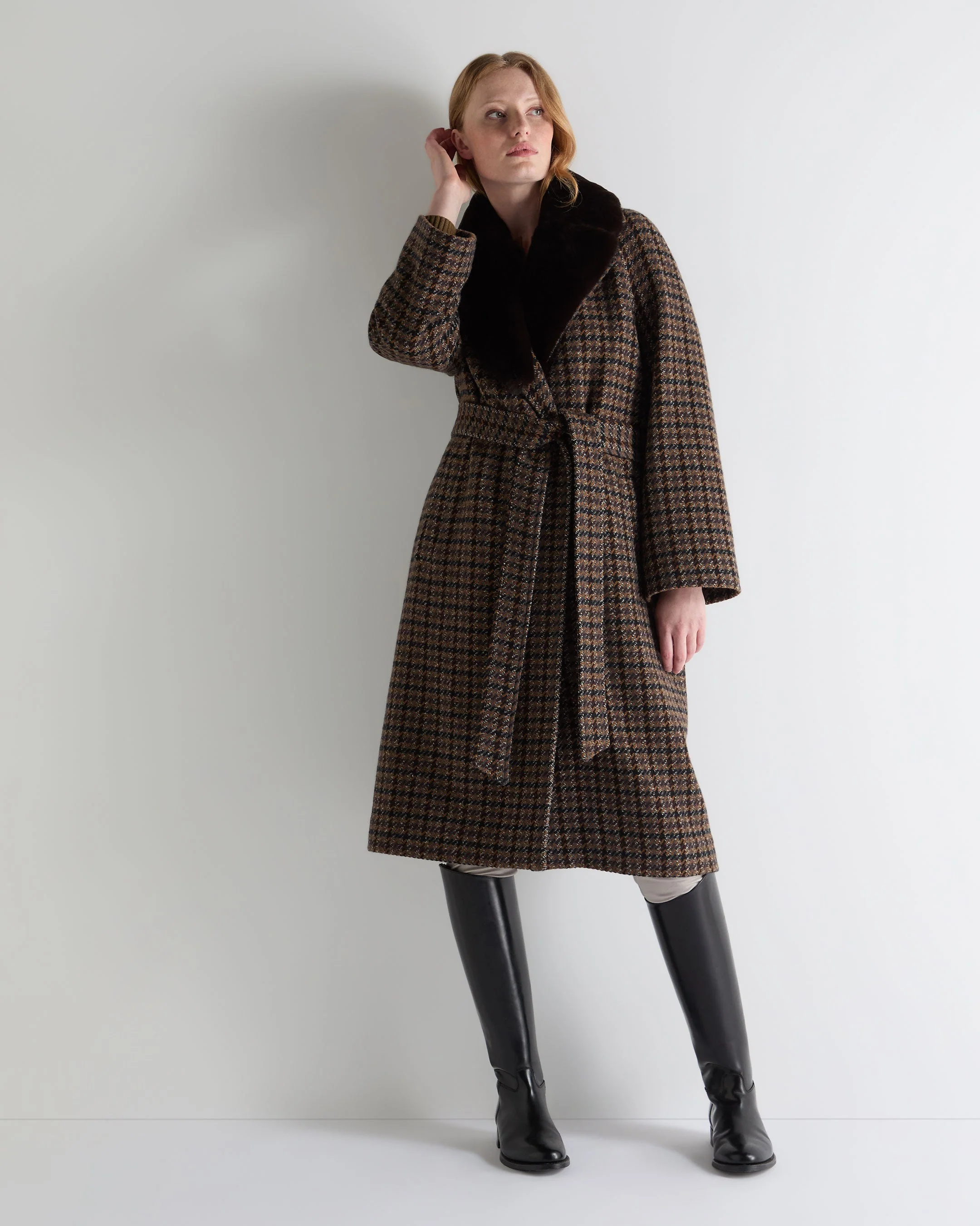 Women's Dogtooth Fur Trim Coat Brown