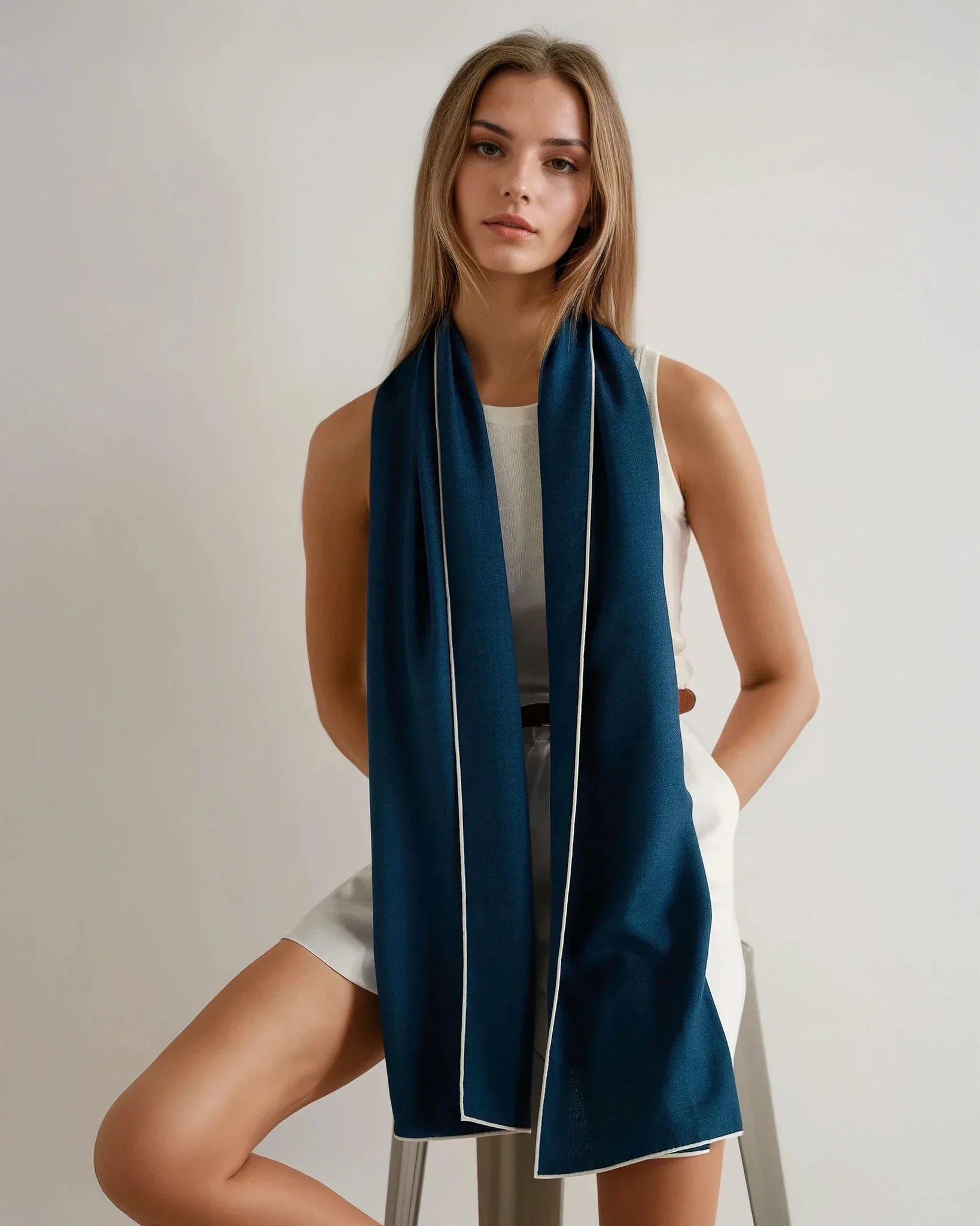 Women's Tipped Cashmere Pashmina Navy Blue