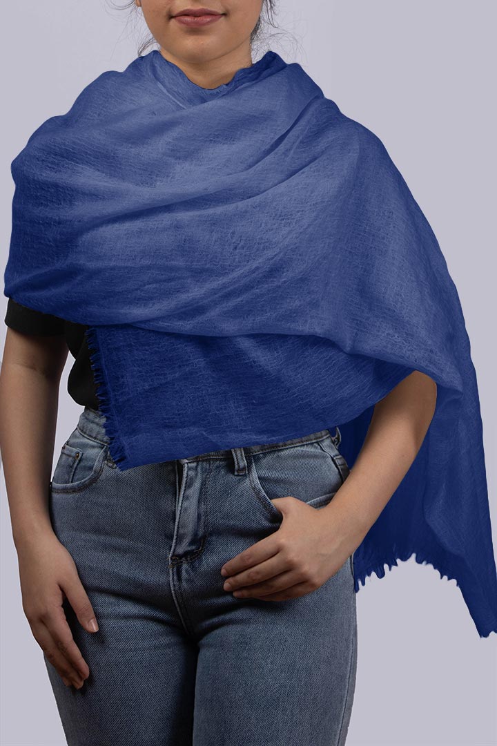 Handwoven Pure Cashmere Scarf Shawl in Blue Sapphire