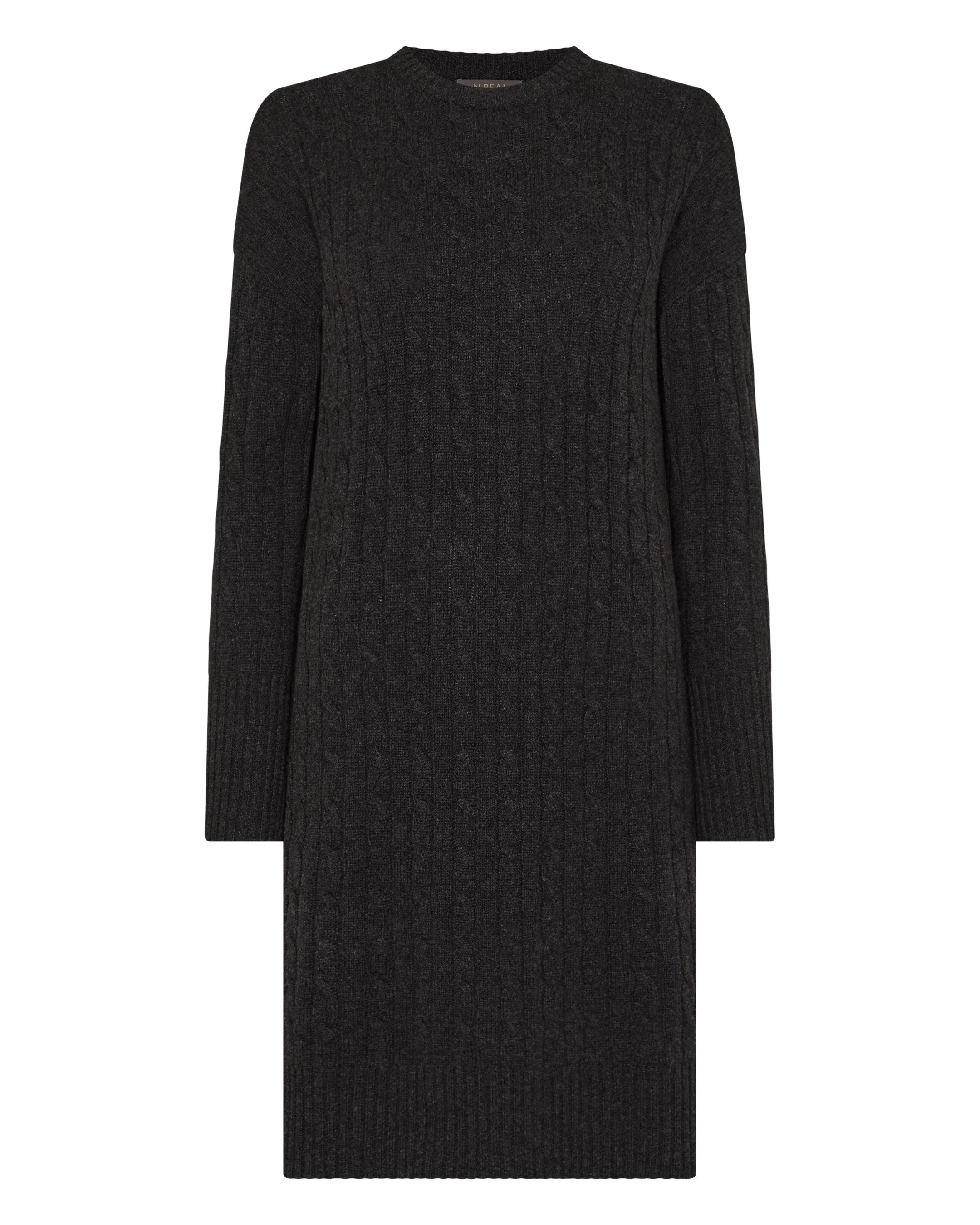 Women's Bella Round Neck Cable Cashmere Dress Deep Charcoal Grey