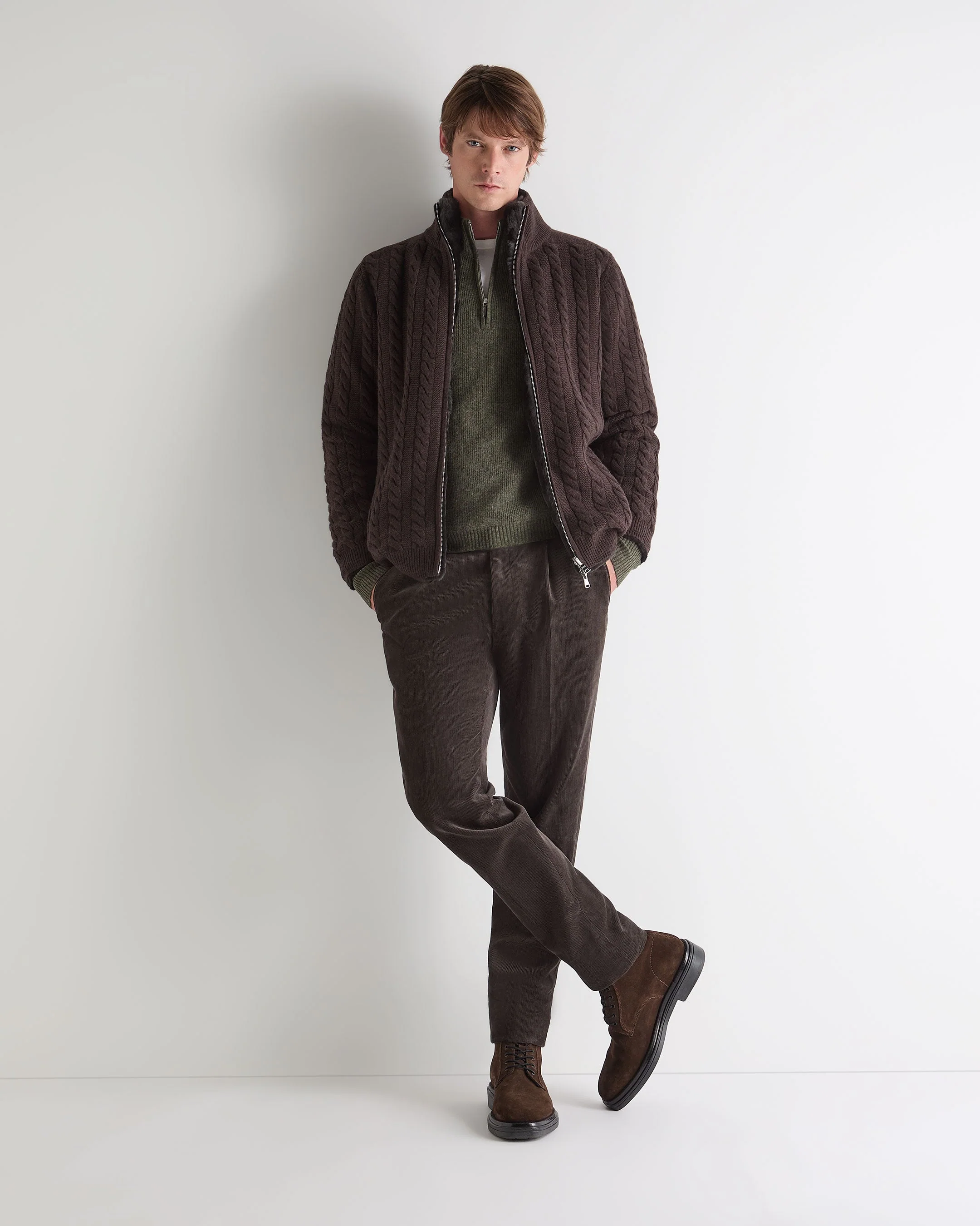 Men's Ribbed Half Zip Cashmere Jumper Moss Green