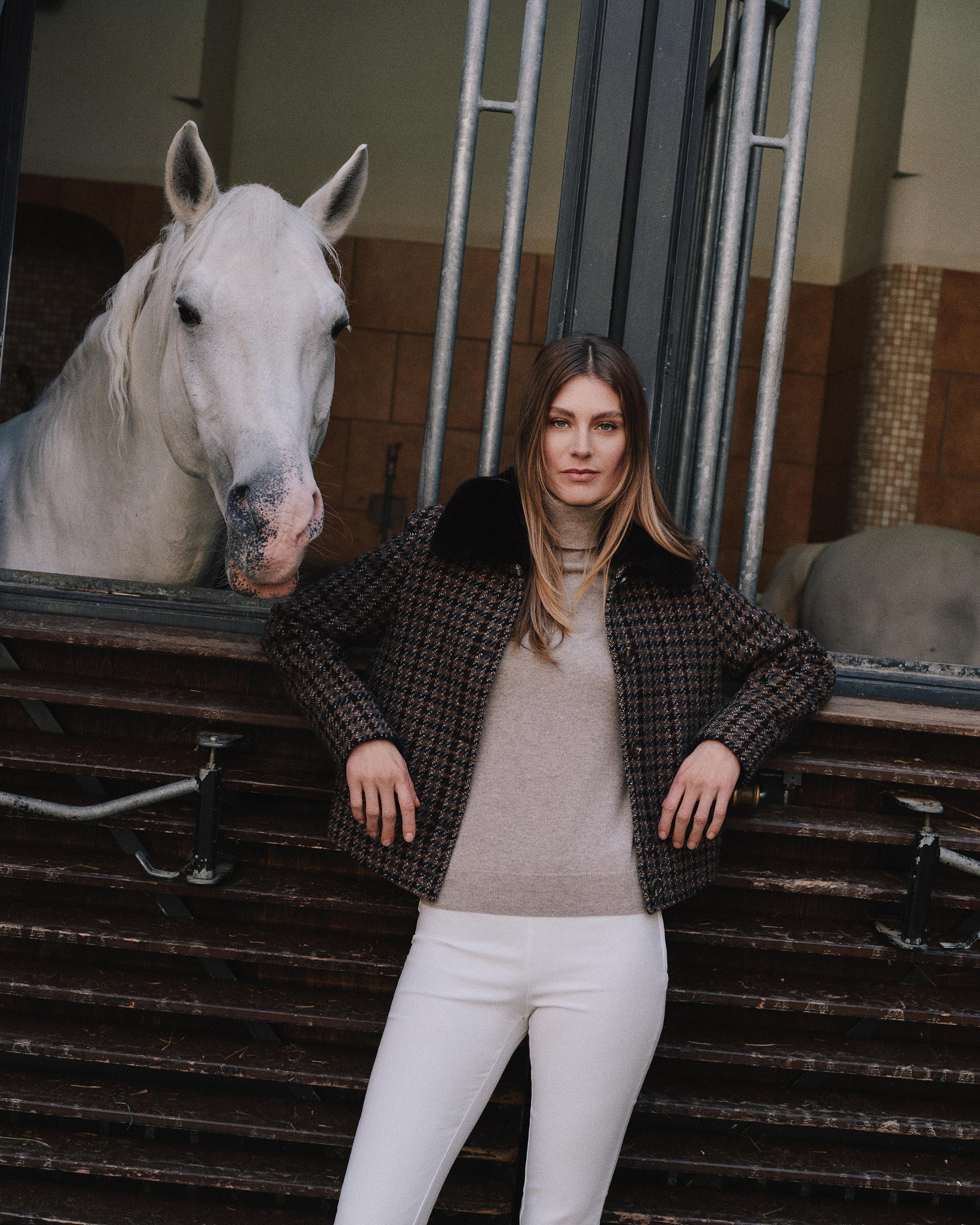 Women's Dogtooth Fur Trim Jacket Brown