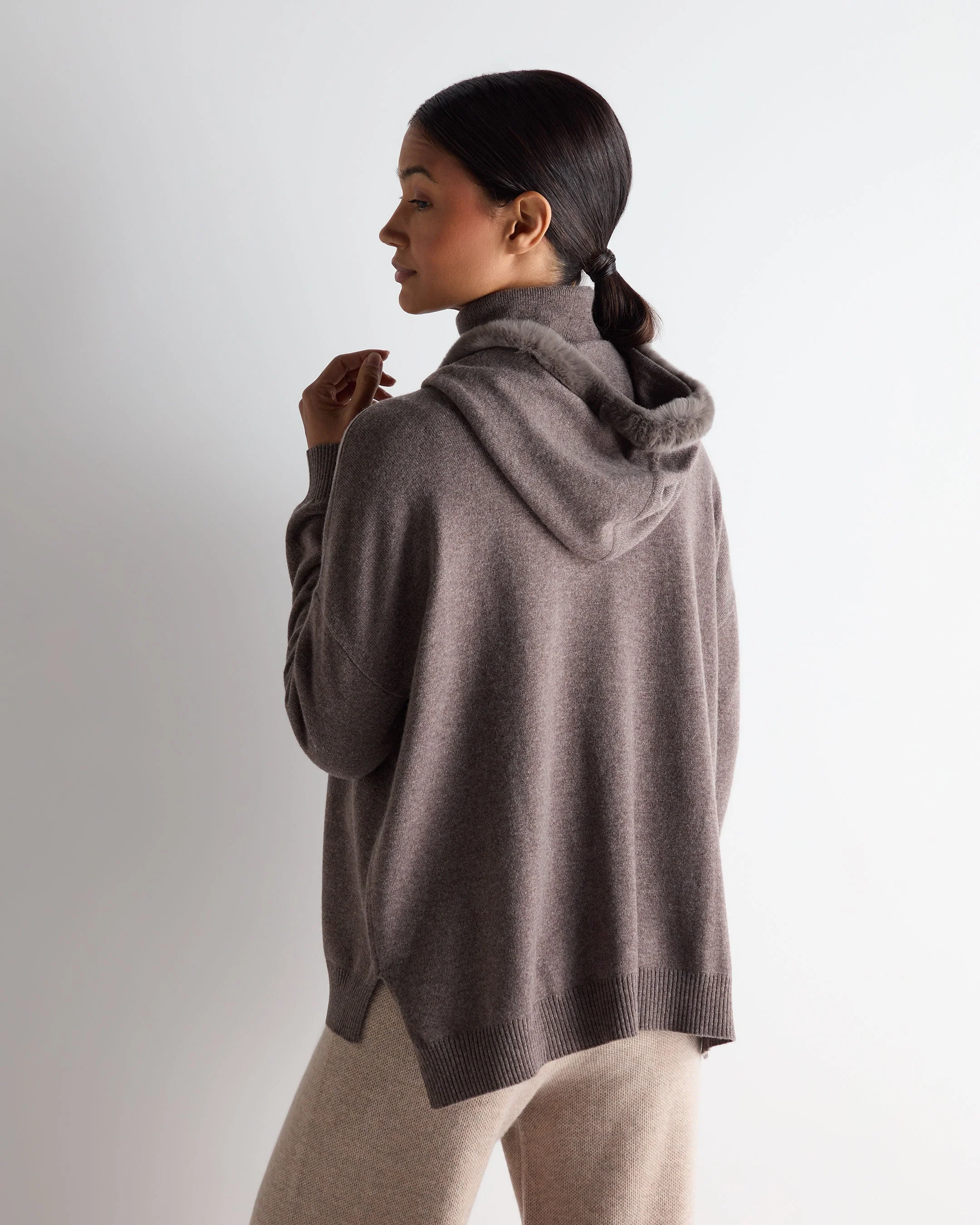 Women's Alicia Fur Trim Cashmere Hoodie Otter Brown