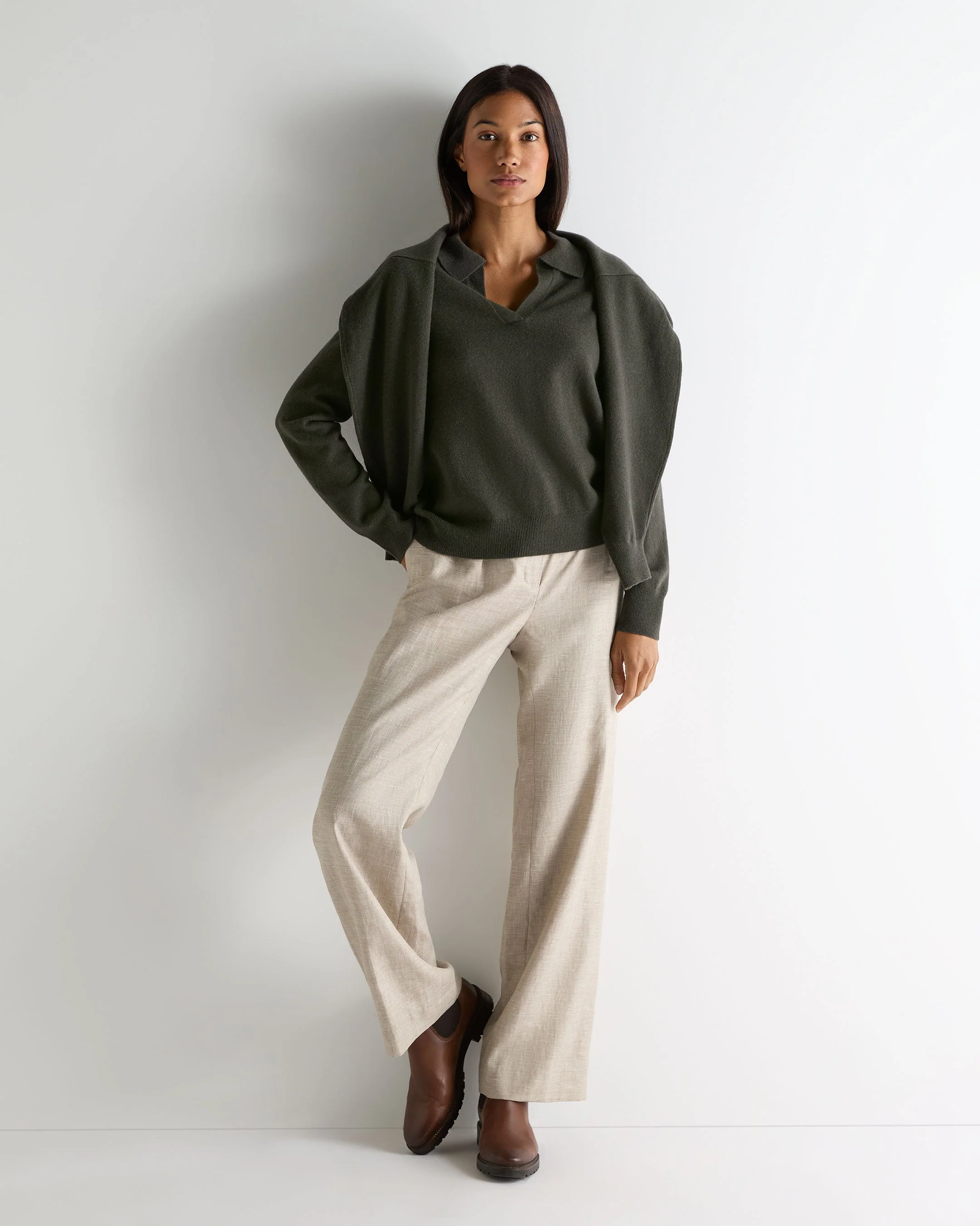 Women's Harriet Cashmere Polo Shirt Arabica Khaki Green