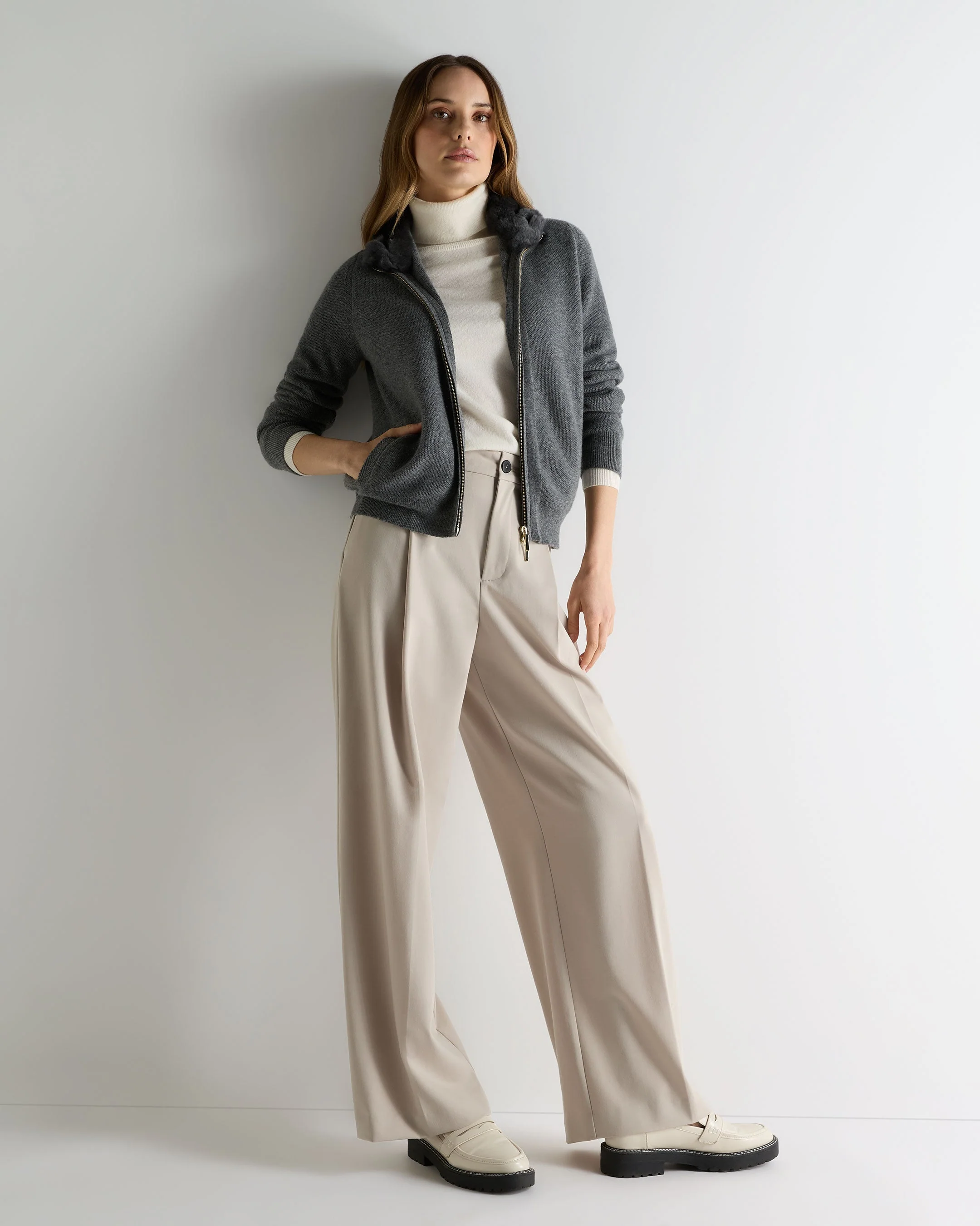 Women's Honeycomb Full Zip Cashmere Jumper With Fur Trim Elephant Grey