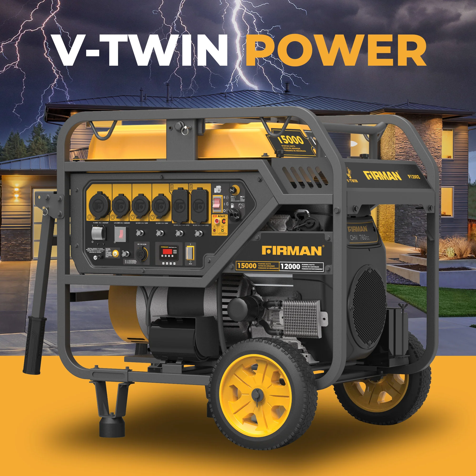 Gas Portable Generator 15000W Electric Start 120/240V with CO Alert