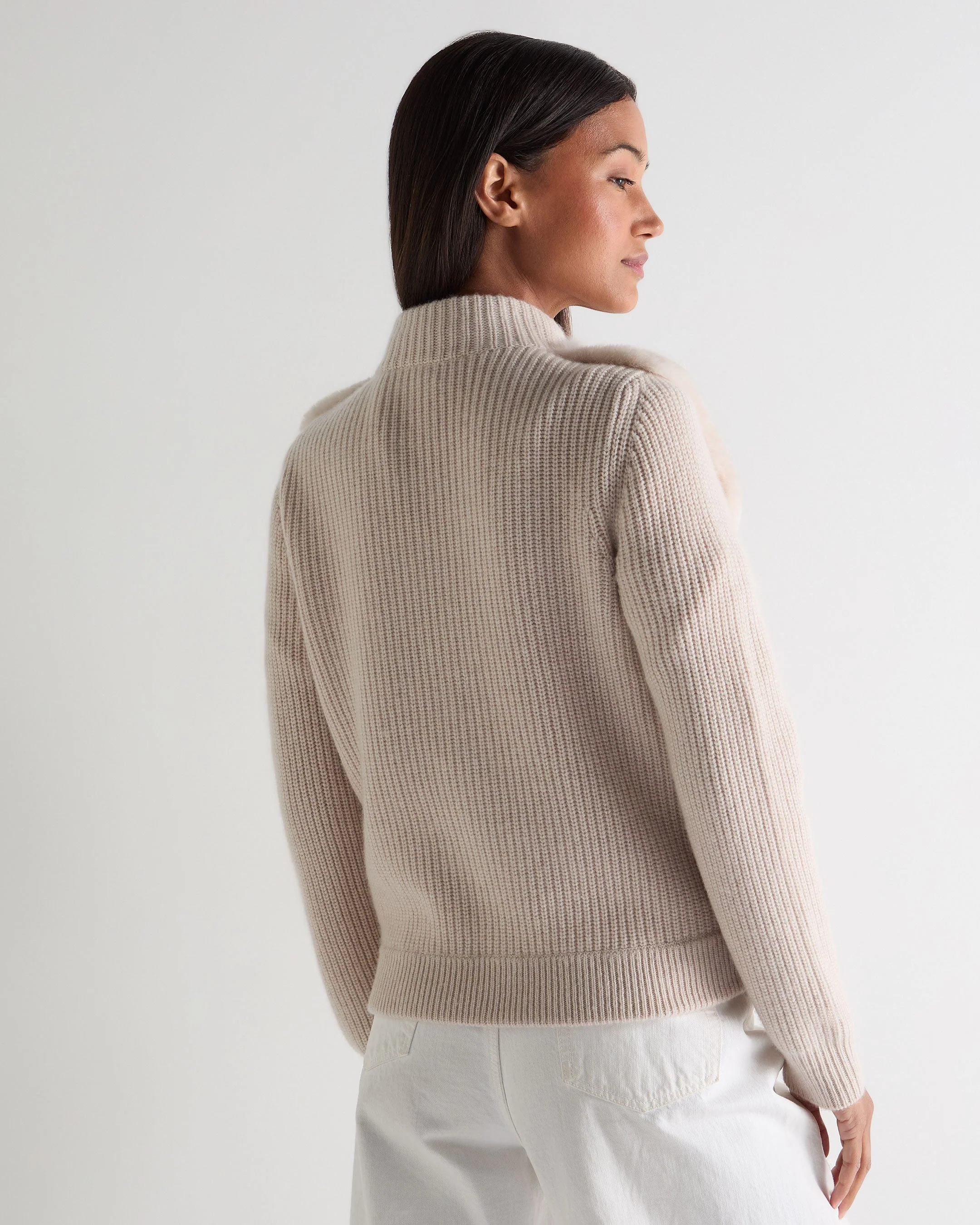Women's Fur Trim Rib Cashmere Cardigan Ecru White