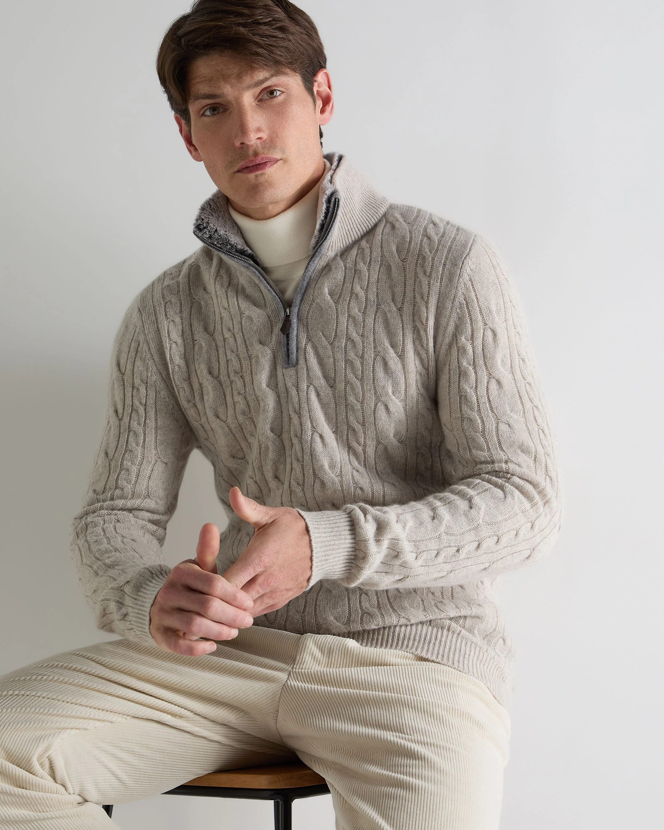 Men's Fur Trim Half Zip Cashmere Jumper Nougat Brown Marl