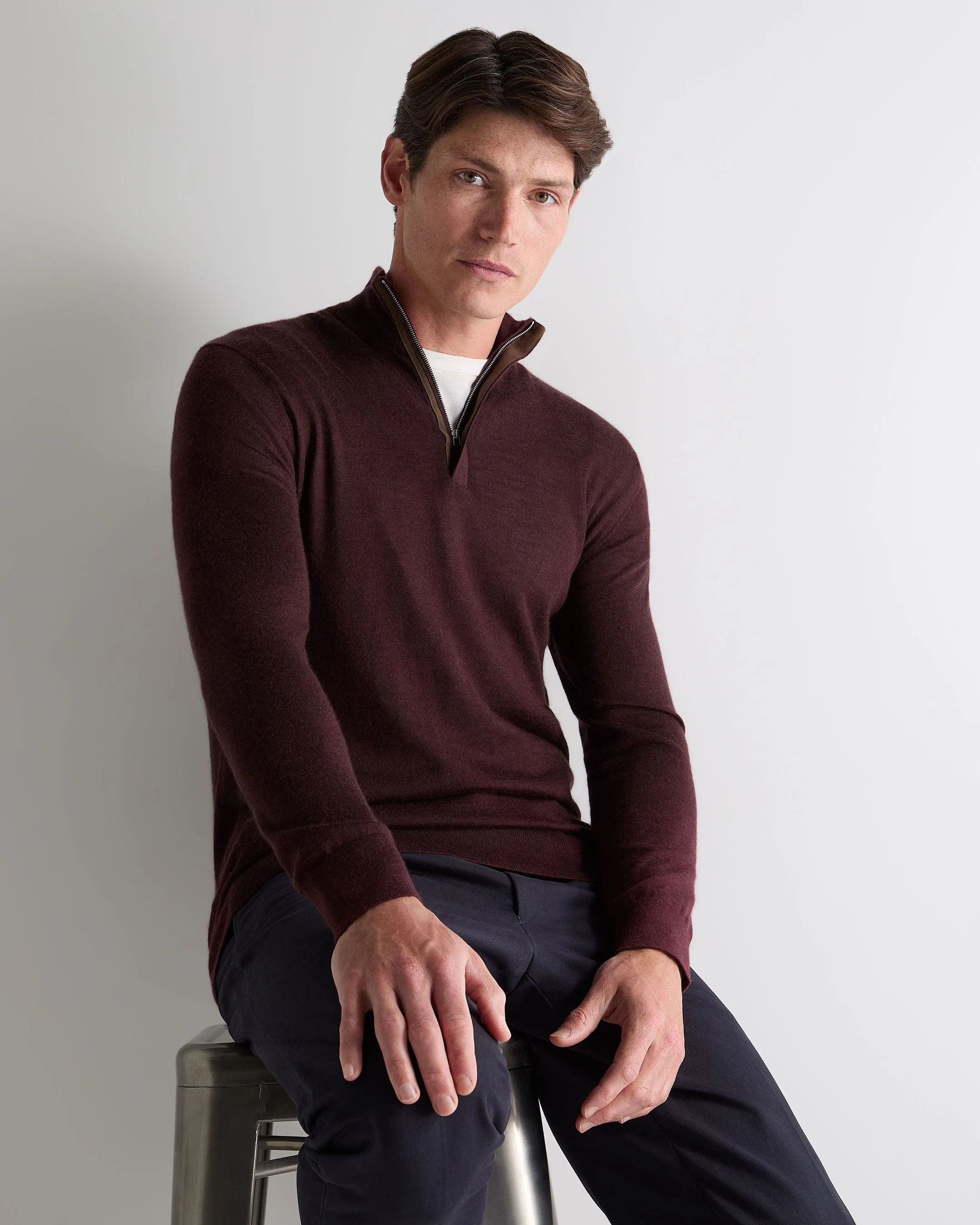 Men's Regent Fine Gauge Cashmere Half Zip Jumper Claret Red