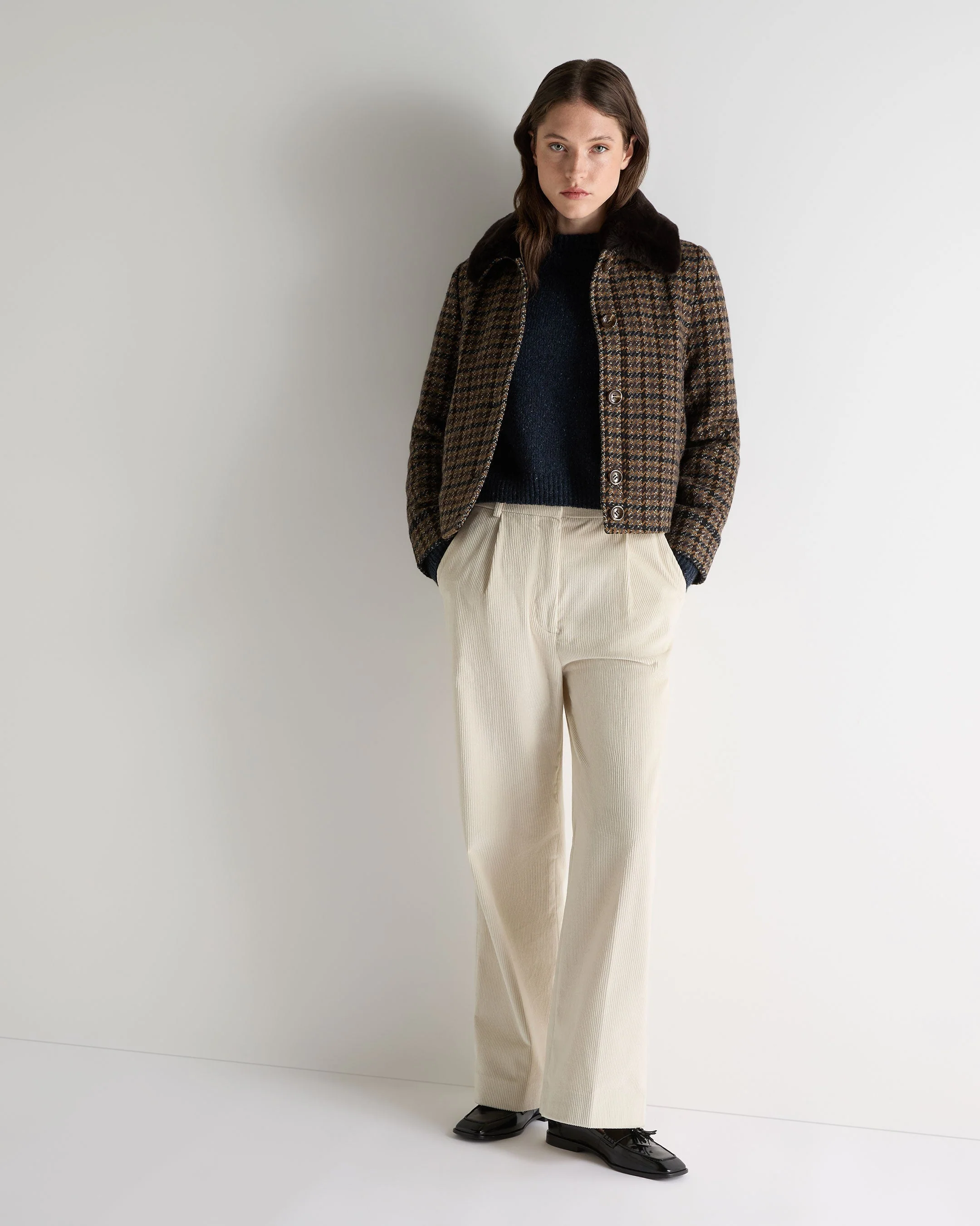 Women's Dogtooth Fur Trim Jacket Brown