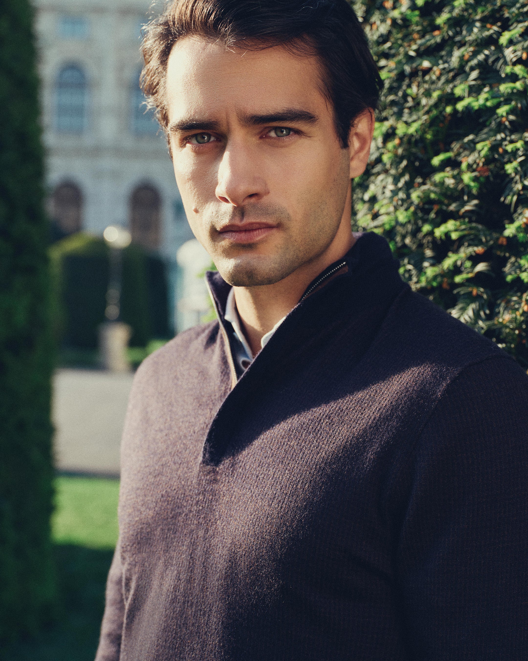 Men's Regent Houndstooth Fine Gauge Cashmere Half Zip Jumper Navy Blue