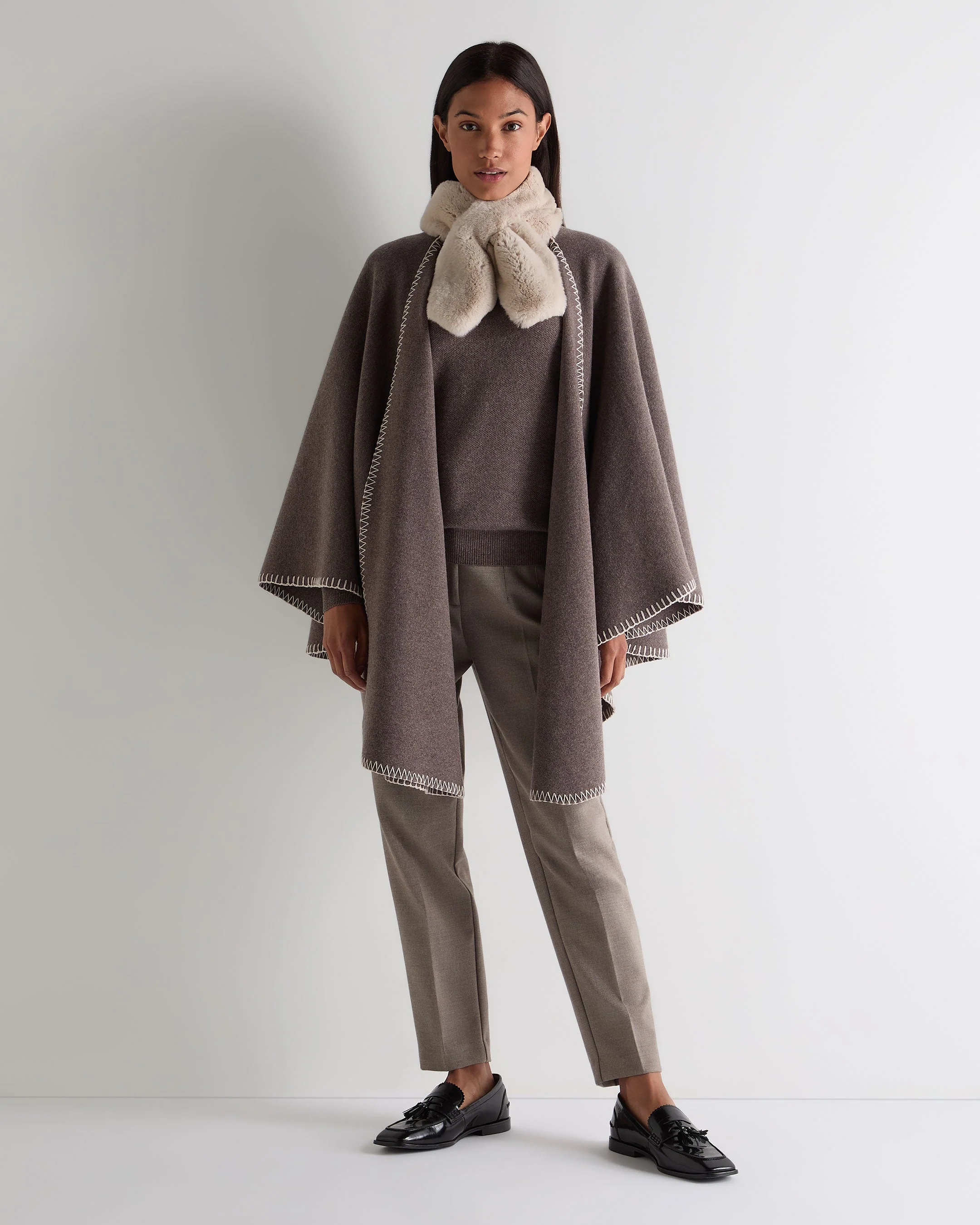 Women's Milano Stitch Trim Cashmere Cape Otter Brown
