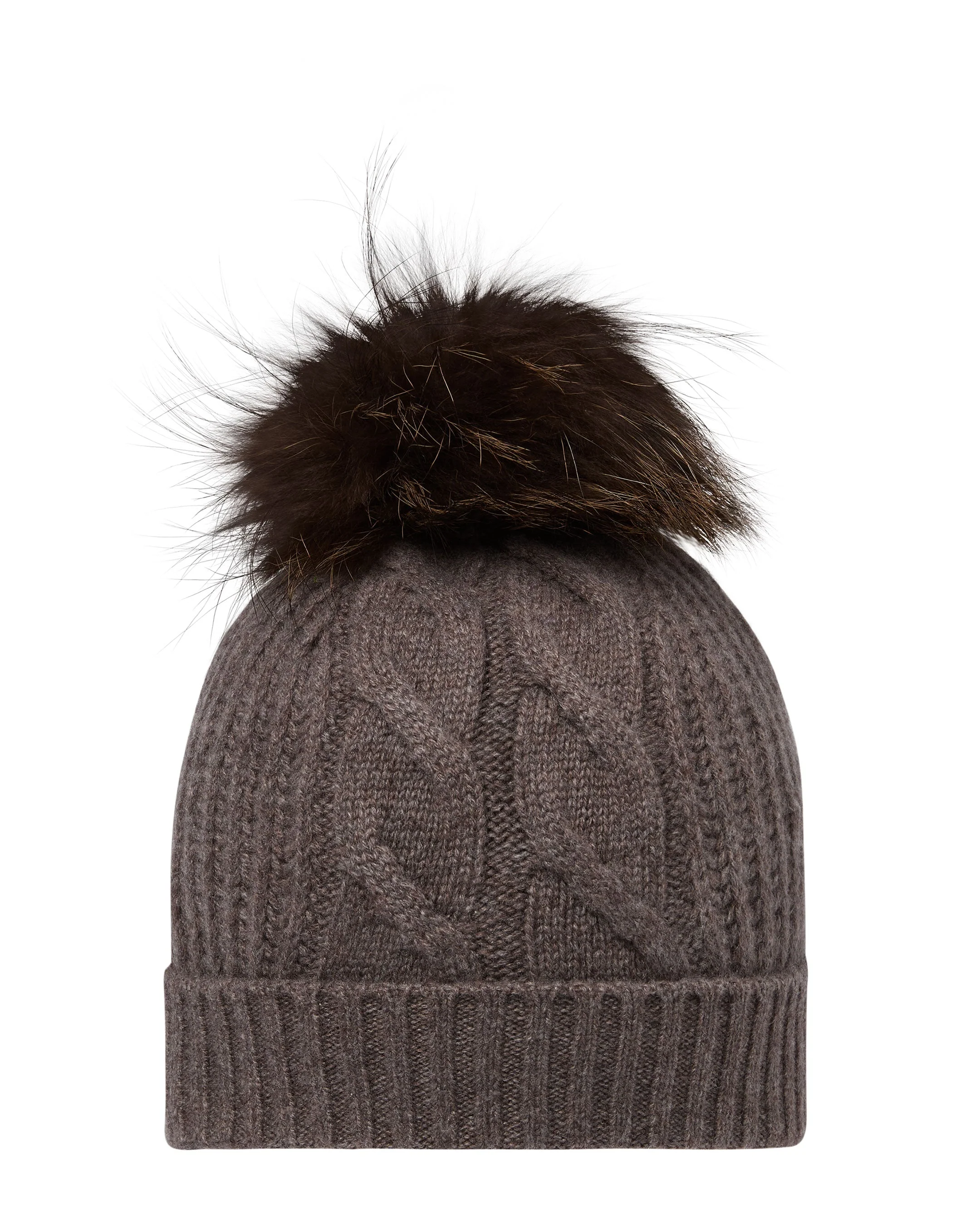 Women's Cable Cashmere Hat With Fur Pom Otter Brown
