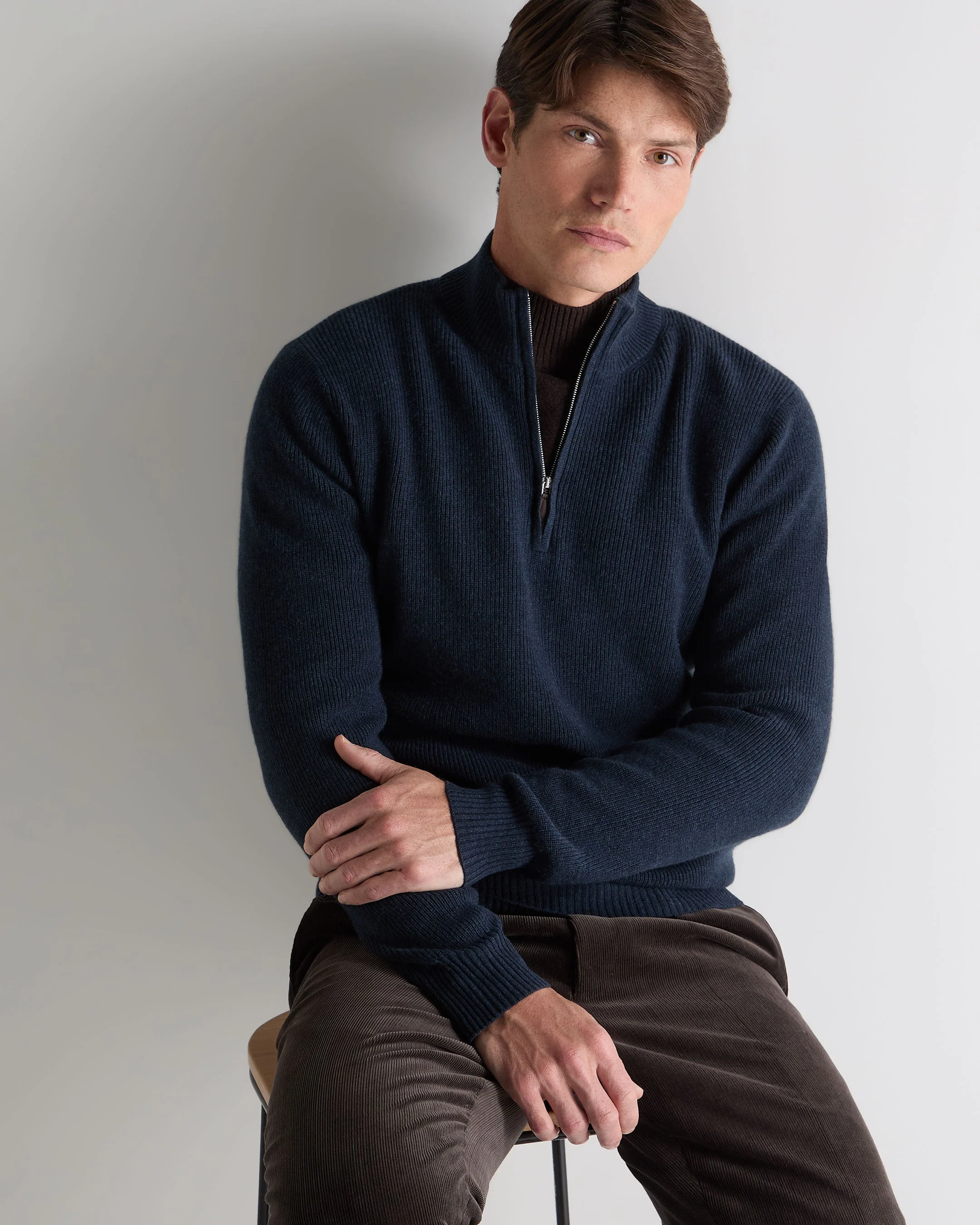 Men's Ribbed Half Zip Cashmere Jumper Indigo Blue