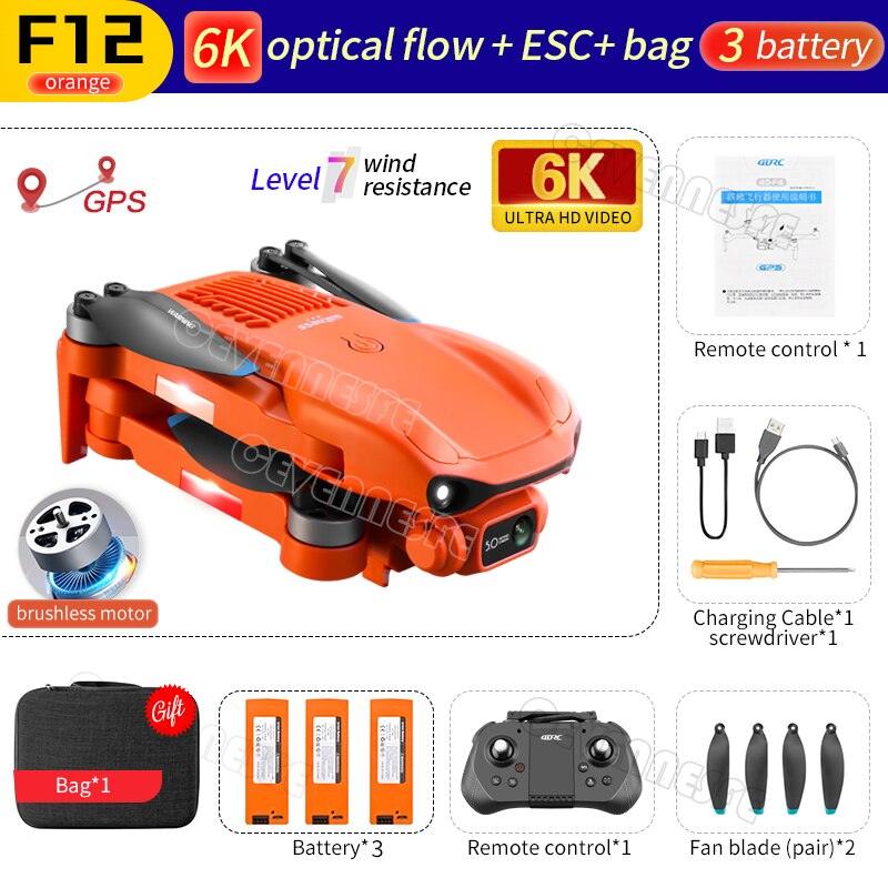 F12 GPS Drone - 4K HD professional 6K HD Dual Camera Wi-Fi FPV RC helicopter Brushless Foldable Quadcopter RC Distance 2KM Professional Camera Drone