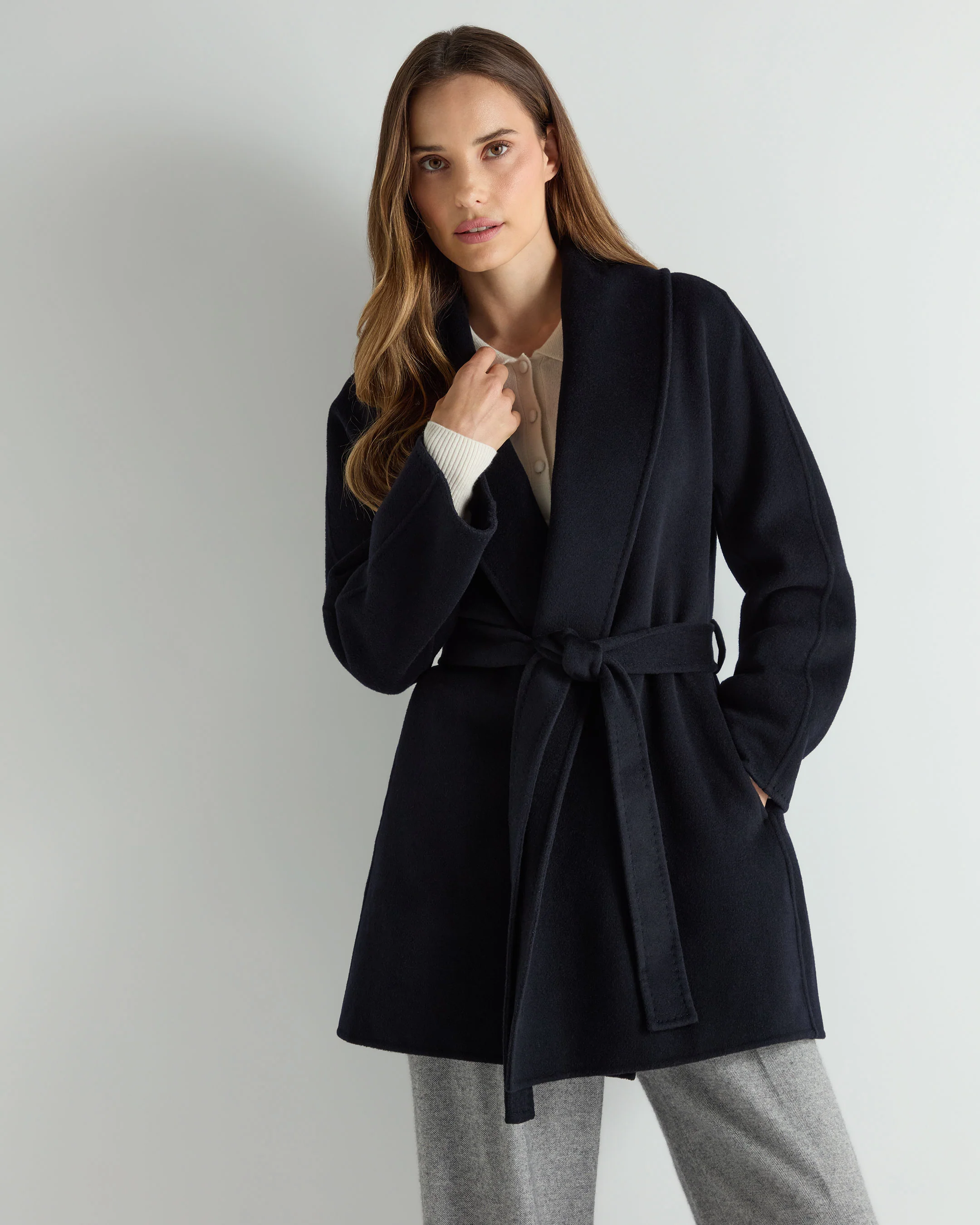Women's Short Wool Cashmere Coat Dark Navy Blue
