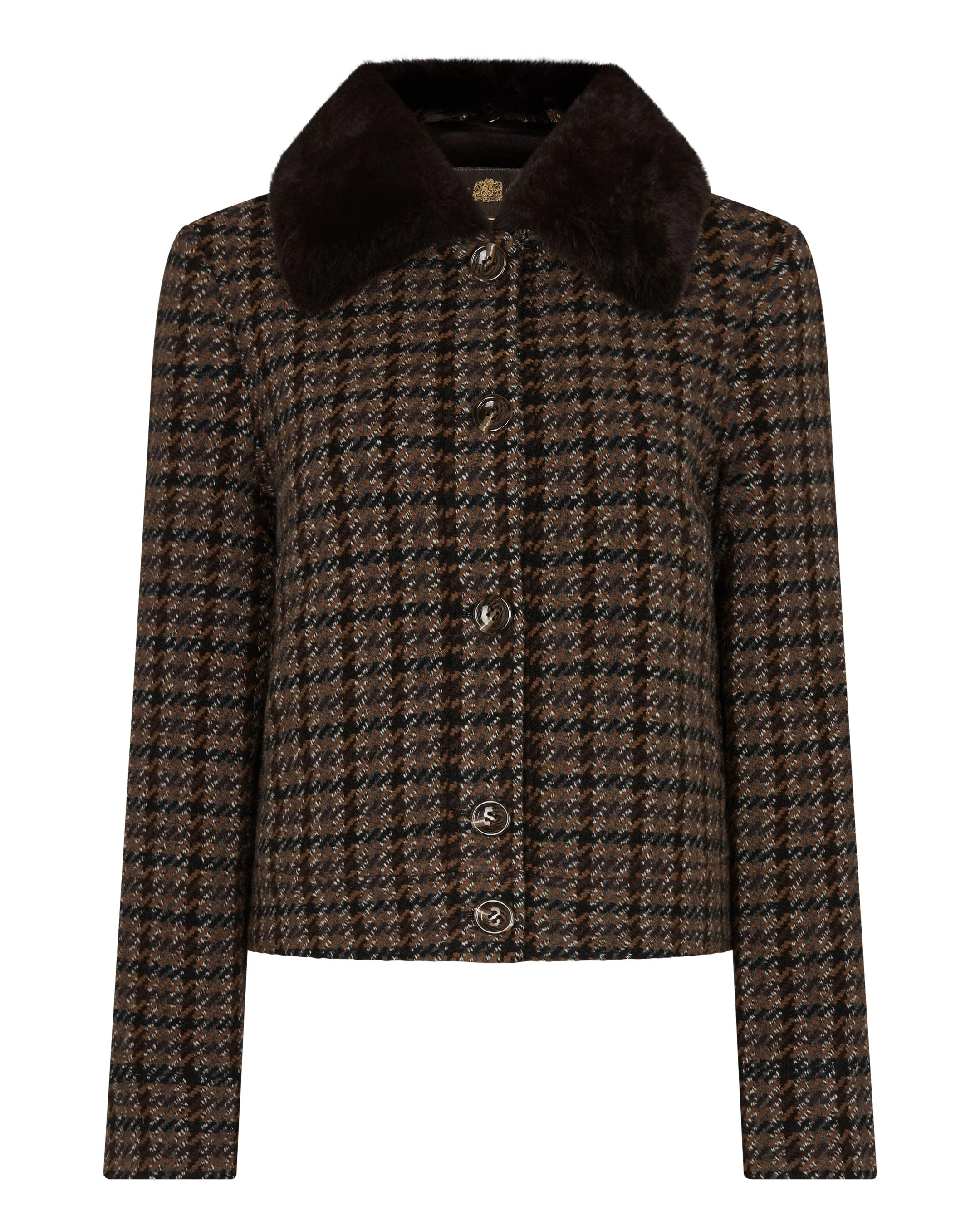 Women's Dogtooth Fur Trim Jacket Brown