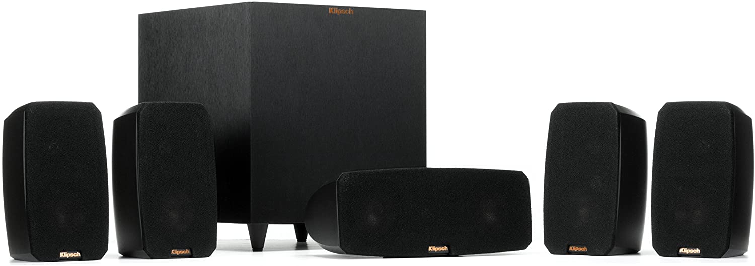 Klipsh home theater speaker package with 4 speakers, center channel and wireless subwoofer 110  220  240 volts 50  60 hz